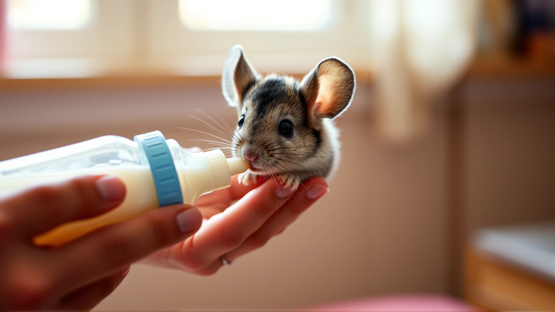Human hands bottle-feeding a tiny chinchilla kit with milk replacer in a warm, softly lit setting