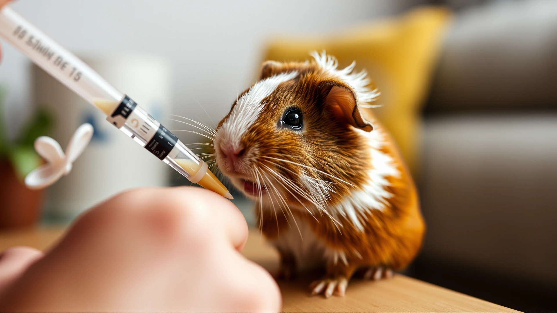 Close-up of a person hand-feeding a baby guinea pig using a small syringe, cozy home environment