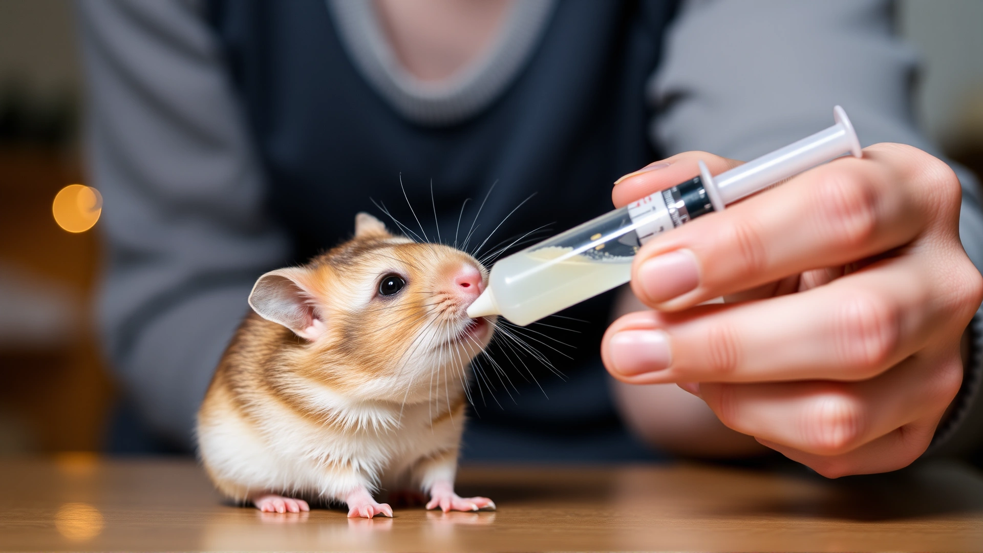 Owner hand-feeding a sick hamster with a plastic syringe containing liquid food supplement, illustrating supportive care; indoor setting with warm lighting.