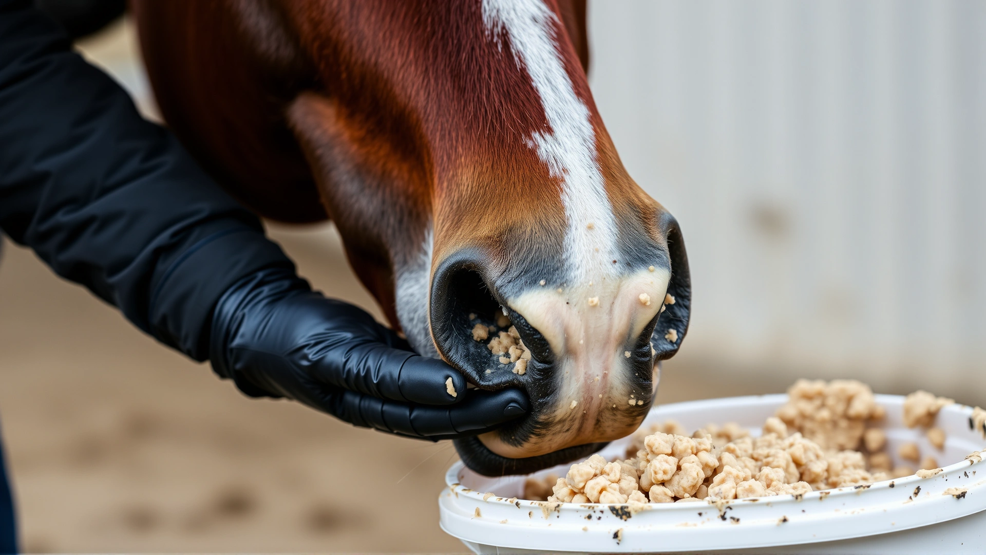Owner wearing gloves hand-feeding a soft mash to a horse in a bucket, illustrating supportive feeding during recovery. Close focus on horse's muzzle and feed.