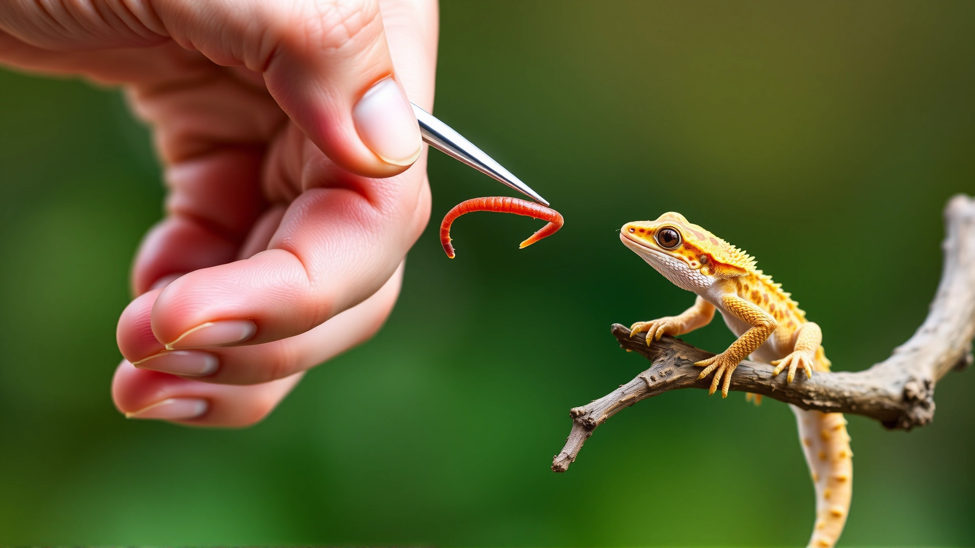 Human hand offering a mealworm with tweezers to a juvenile crested gecko perched on a branch, blurred background