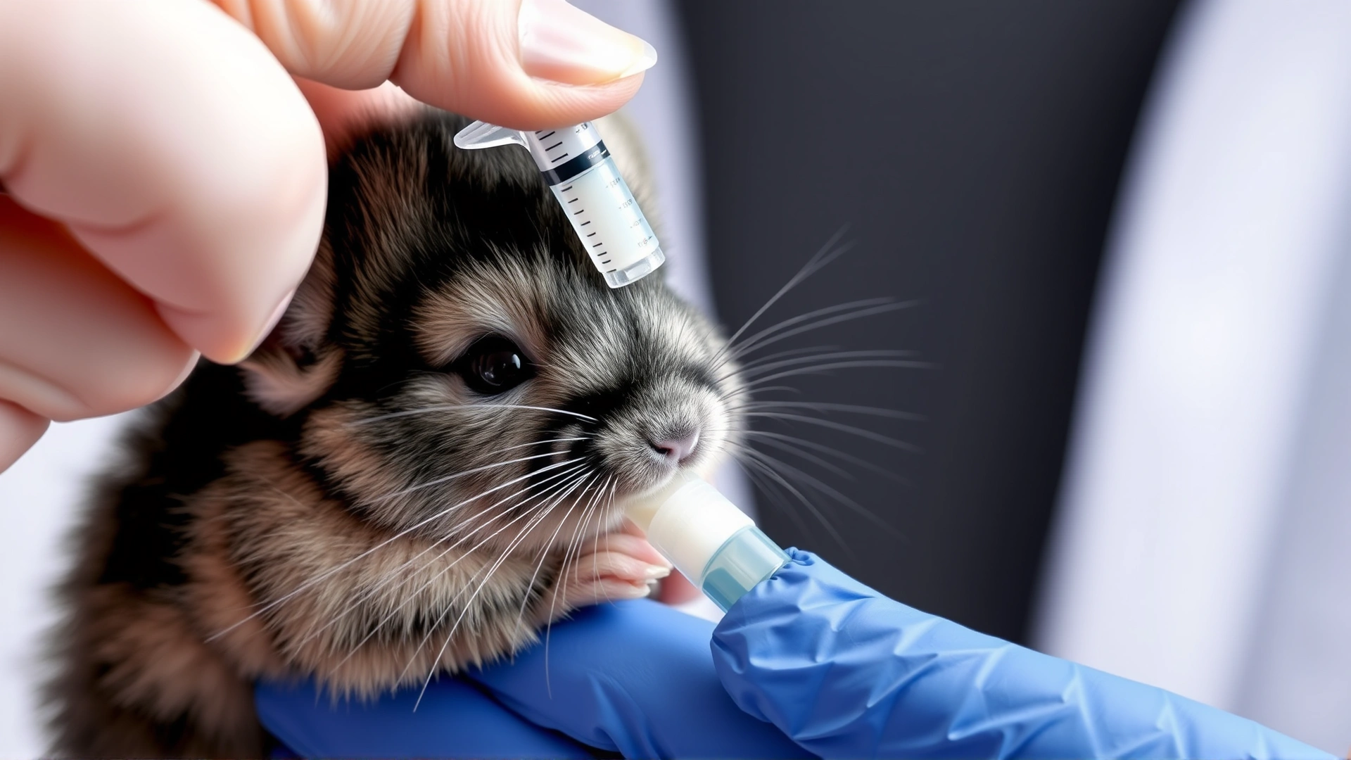 Close-up of a caretaker hand-feeding a tiny chinchilla kit with a syringe filled with milk replacer