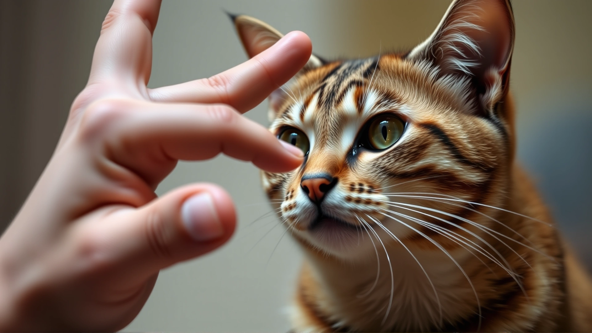 Close-up of a person making a clear hand gesture toward a curious cat, demonstrating non-verbal communication.