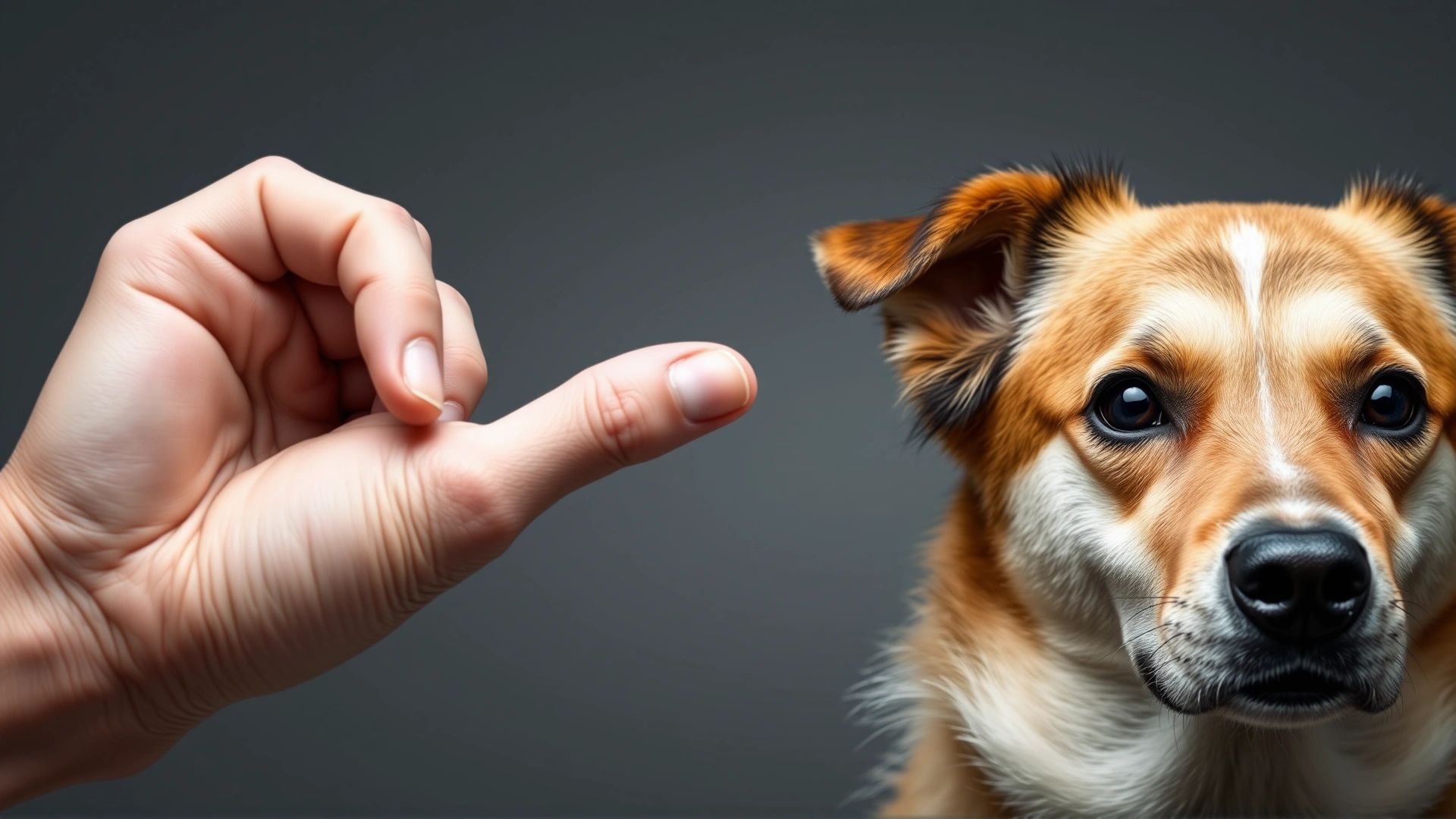 Close-up of a human hand giving a downward hand signal next to an attentive dog's face, neutral background, no text.
