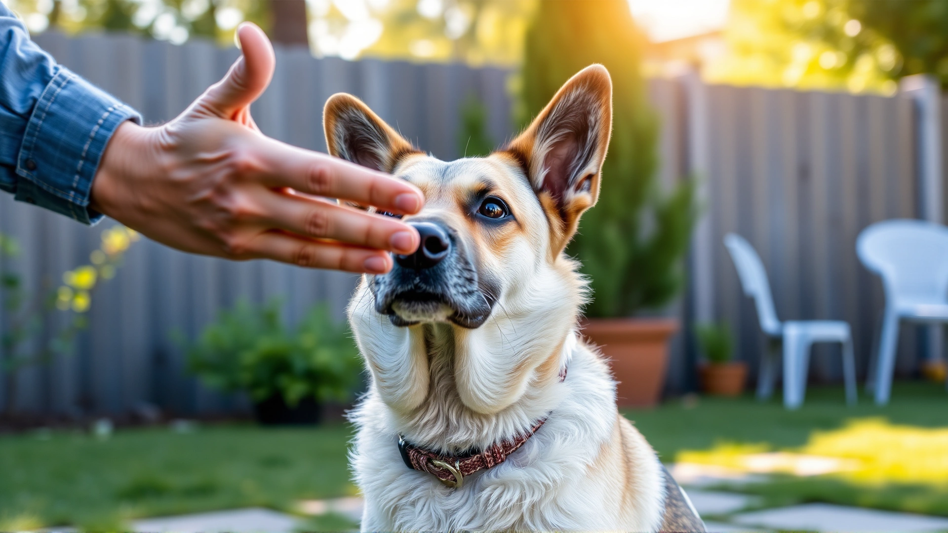 Dog owner giving a clear hand signal to a senior dog in a sunny backyard; the dog looks attentive.