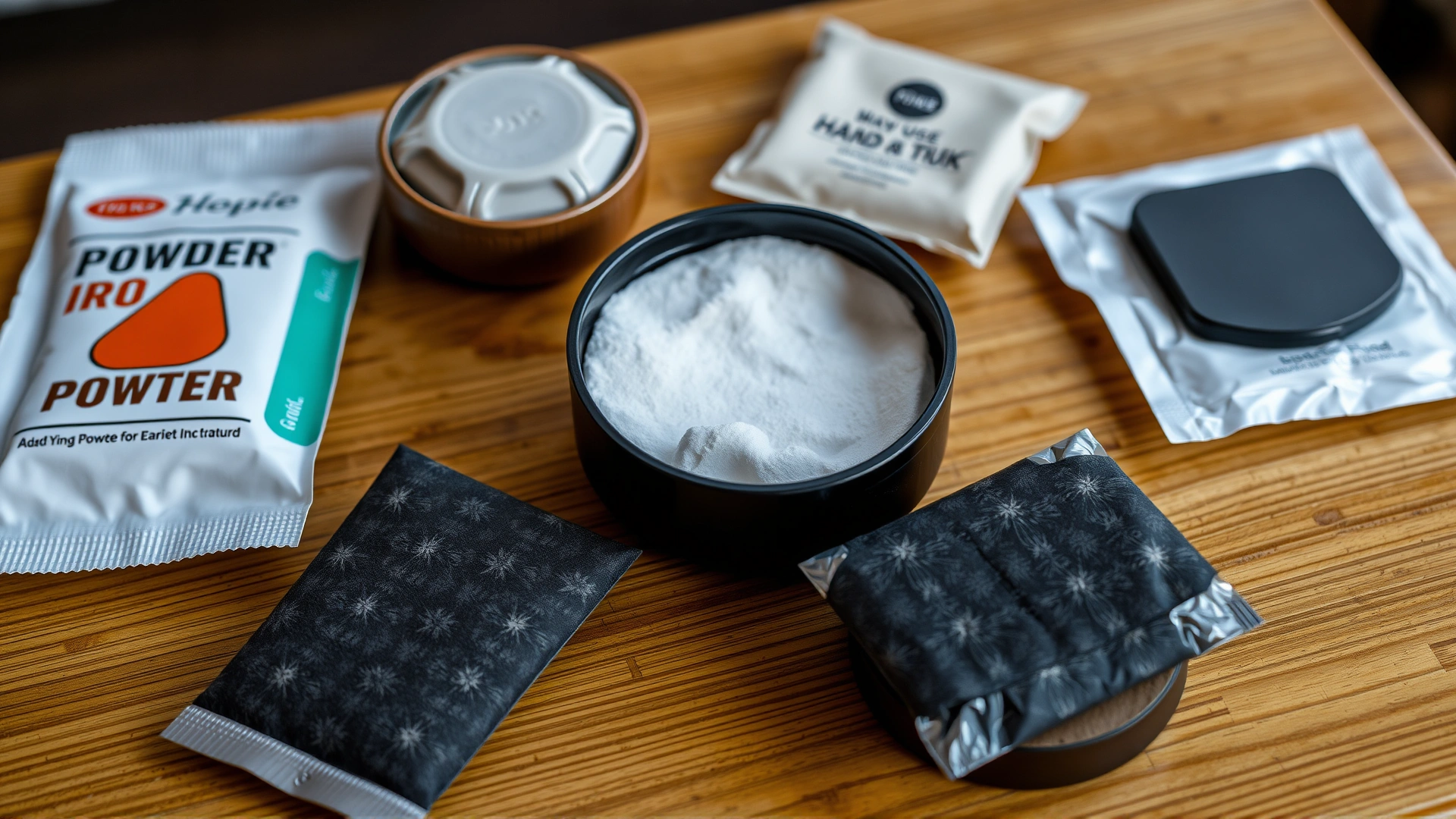 Close-up top view of several different hand warmers (single-use iron powder packet, reusable gel pack, charcoal heater) laid out on a wooden table, no branding visible, soft natural light