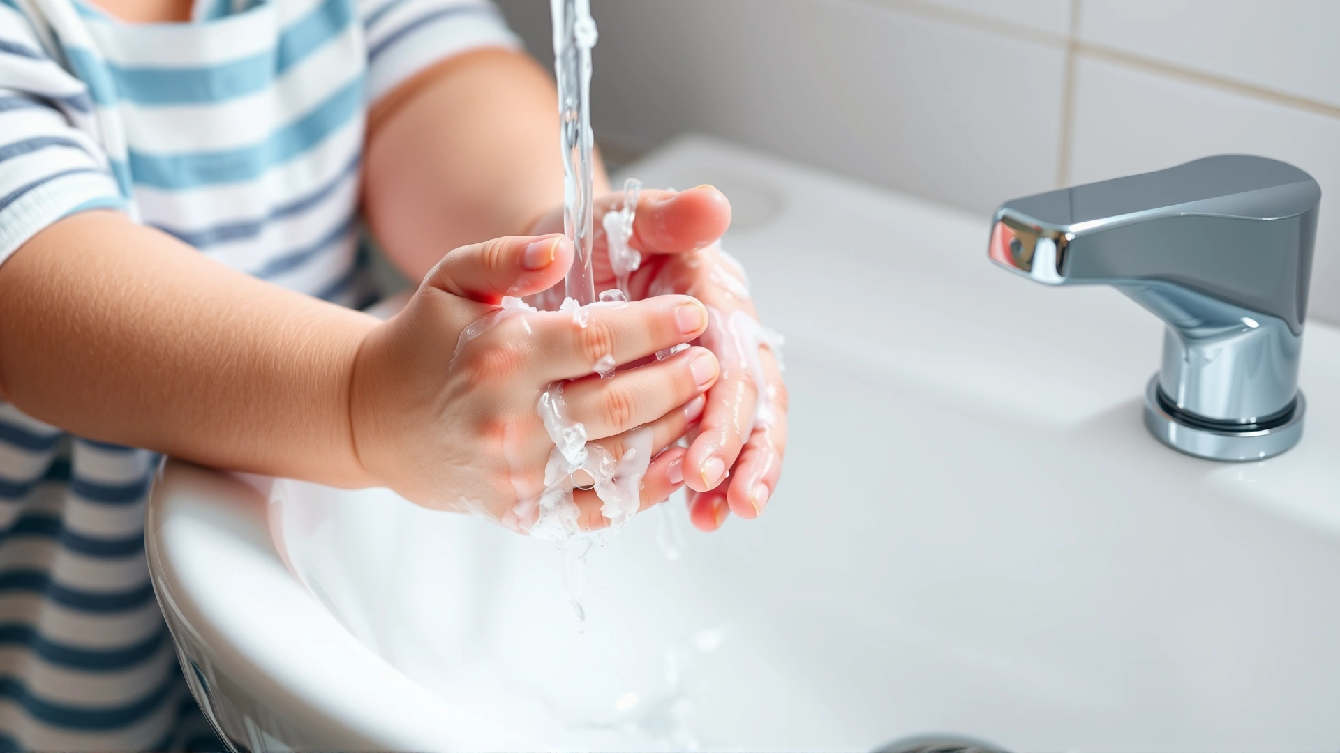 Child’s hands lathered with soap under running water in a bathroom sink, emphasizing hygiene, bright clean setting