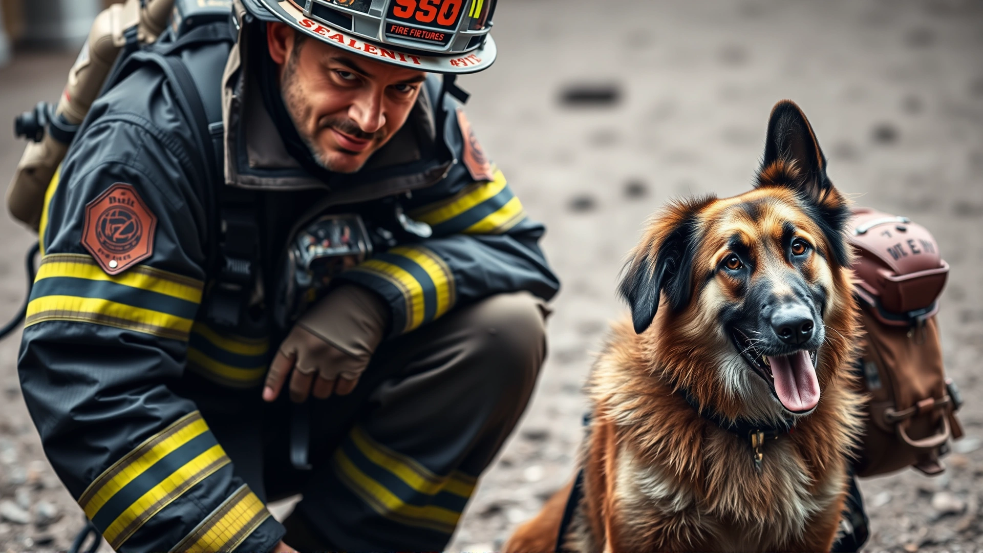 Firefighter in uniform crouching beside his search dog, both looking into the camera with camaraderie and trust.