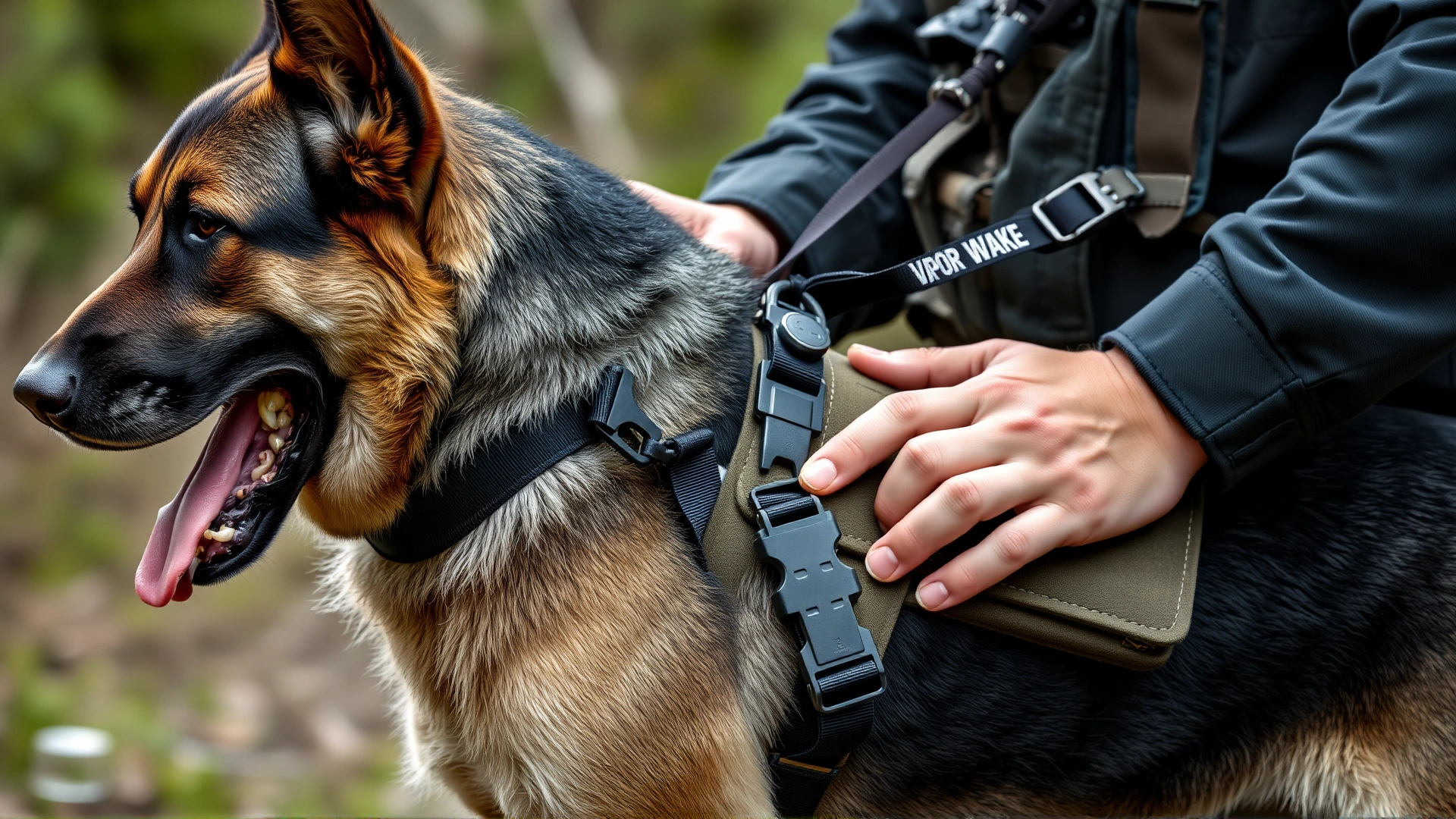 Close-up of a K9 handler adjusting the detection harness on a Vapor Wake dog, showing the specialized gear details.