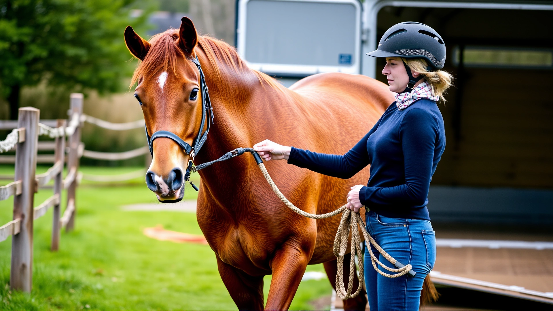 Female handler in a riding helmet calmly leading a chestnut horse toward a trailer ramp using a soft lead rope, natural farm background.