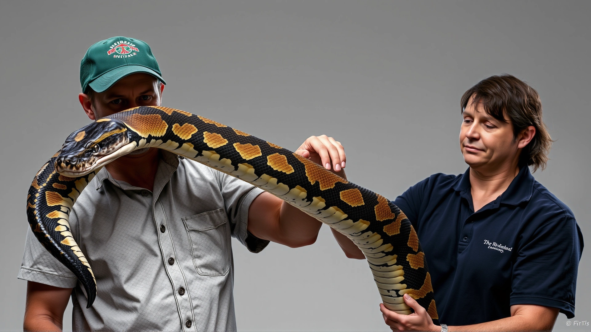 Experienced reptile keeper supporting a massive Burmese python with both arms, second person assisting, neutral background.