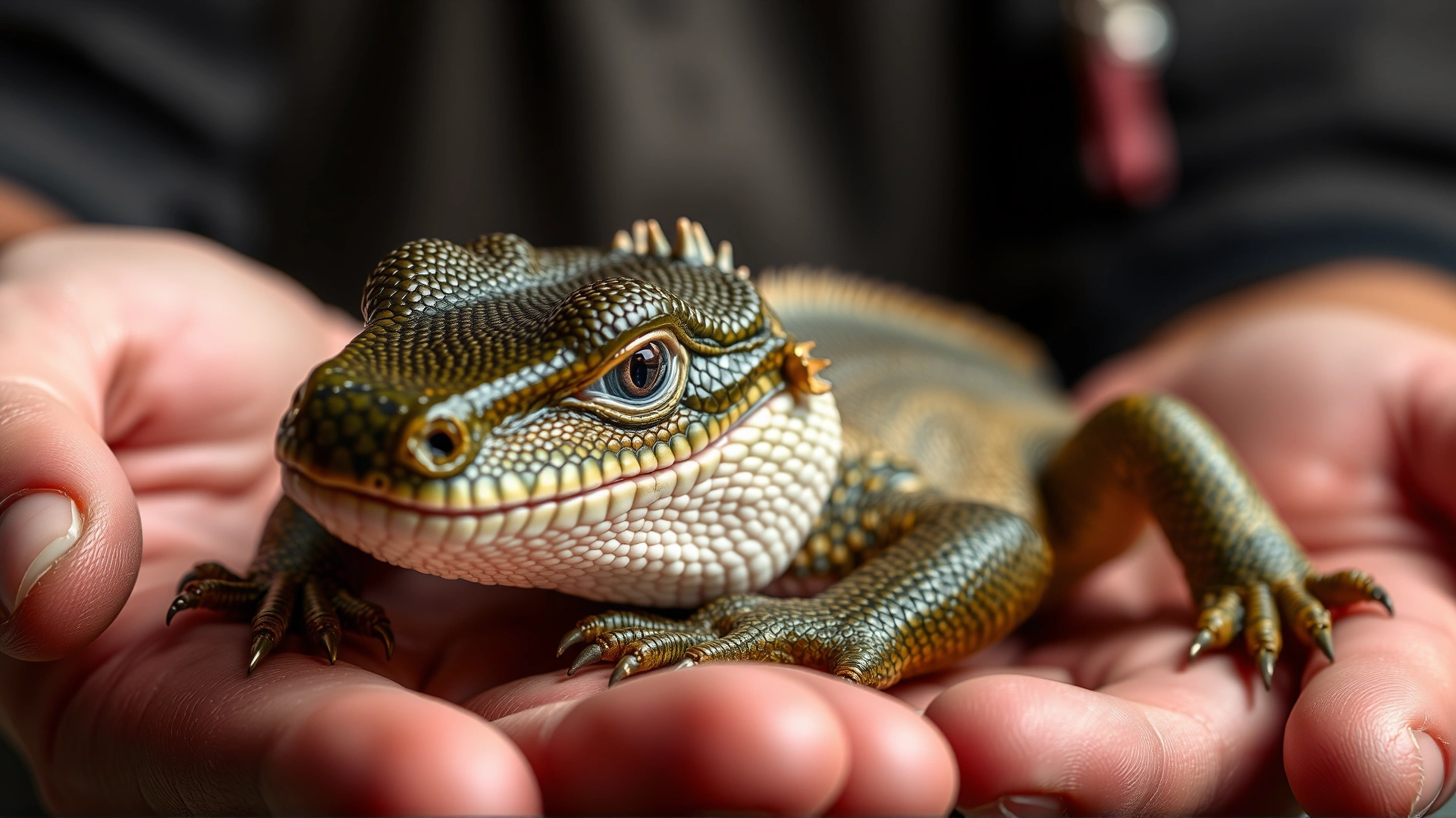 Close-up of a calm Chinese water dragon resting securely on a keeper's open hands, showcasing proper handling technique. No text.