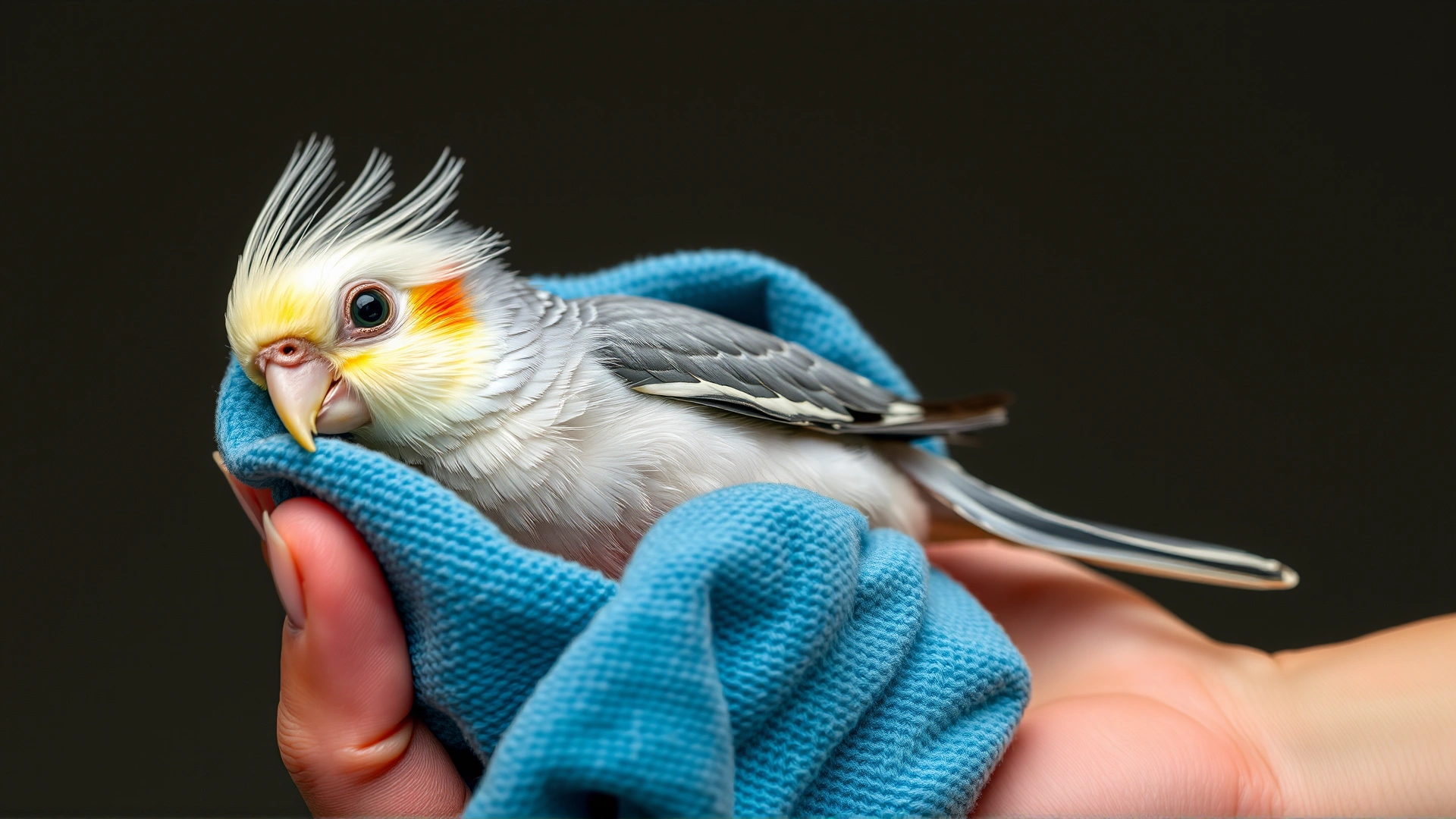 A calm hand gently holding a small injured cockatiel wrapped loosely in a microfiber towel, showcasing safe handling technique.