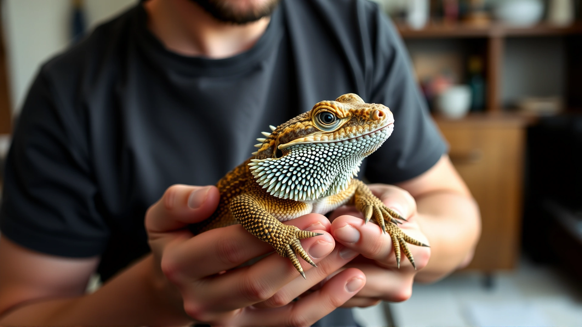 Owner gently holding a calm bearded dragon in their hands indoors, emphasizing bond and proper support.