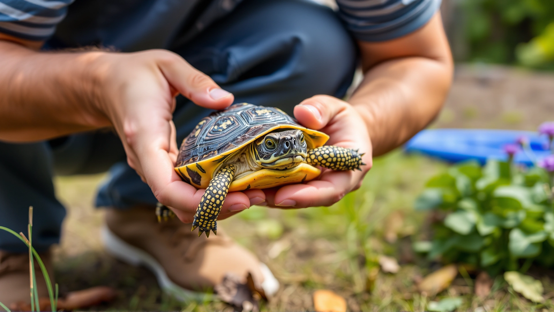 Owner carefully holding a box turtle with both hands close to ground level in an outdoor garden, emphasizing proper handling technique.