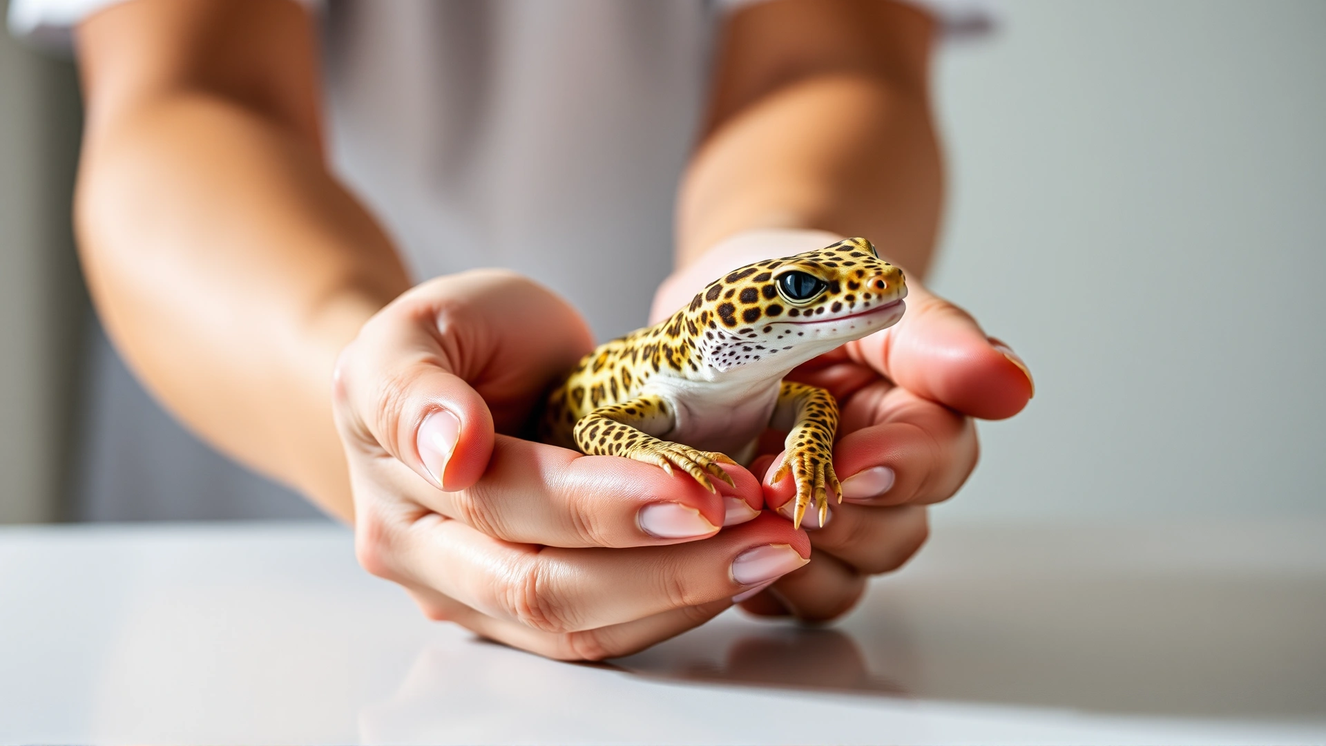 Softly lit image of a person gently cupping a leopard gecko in both hands over a table to illustrate safe handling practices.