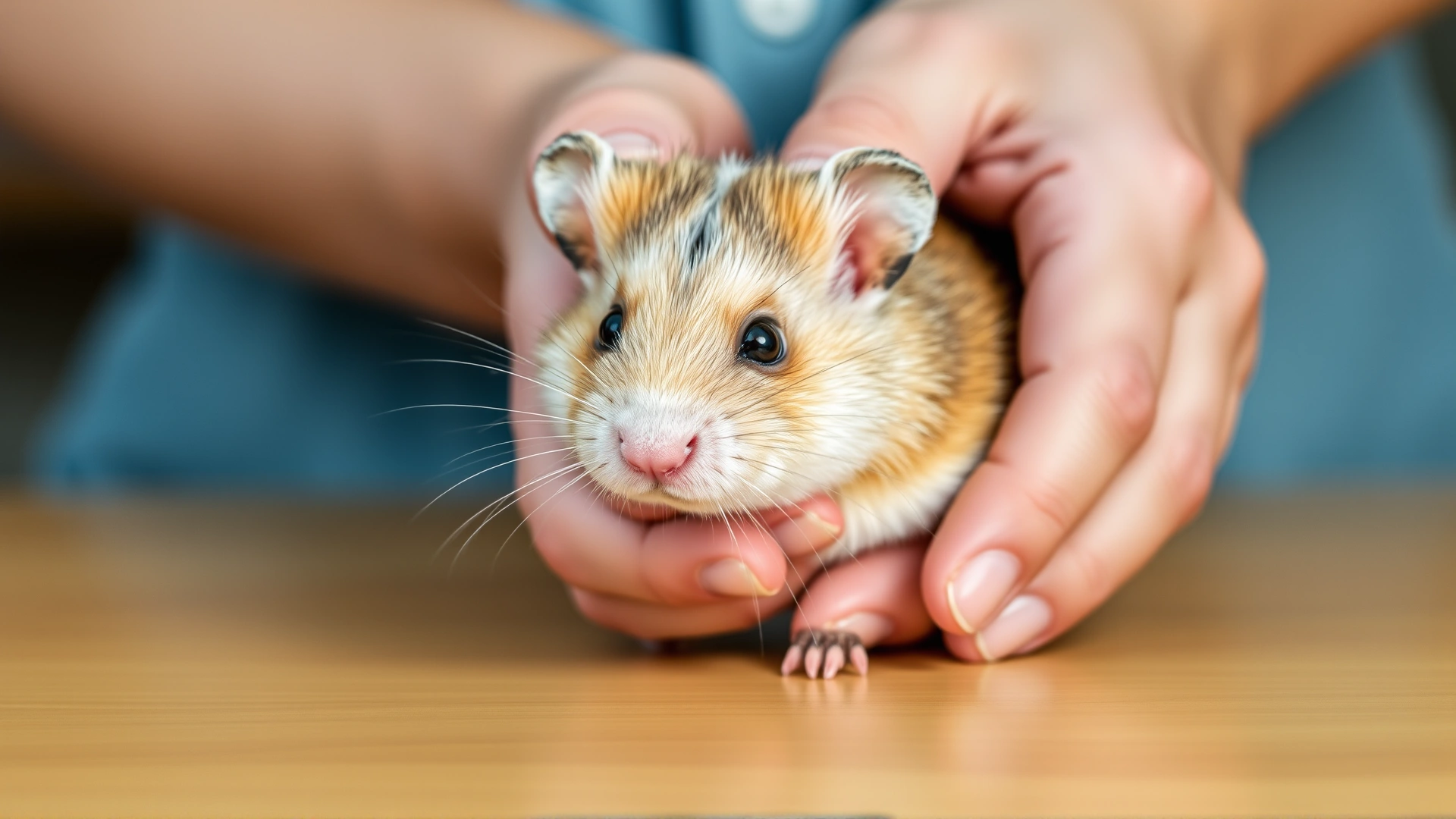 Close-up of human hands gently cupping a hamster at table level, illustrating proper handling technique.