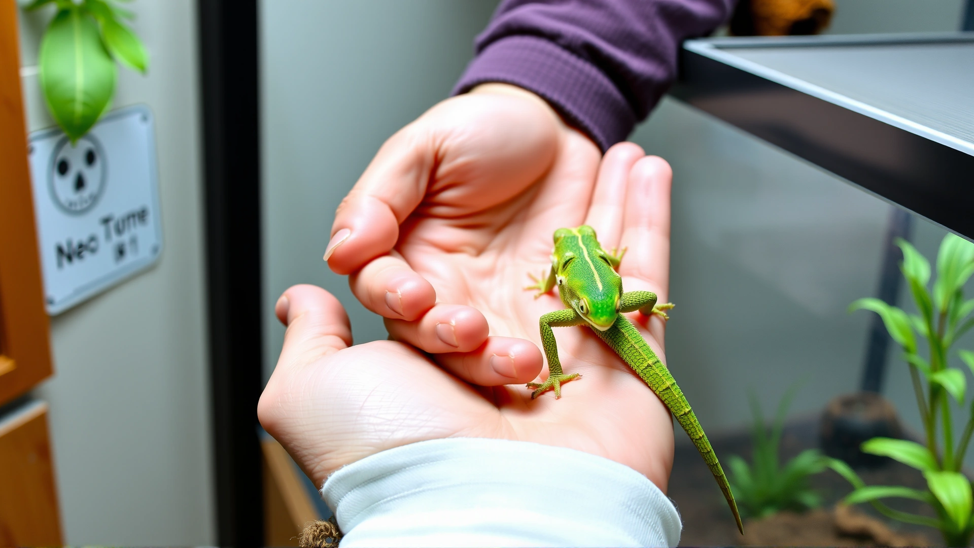 Person gently holding a green anole in an open palm near its terrarium, demonstrating proper handling technique.