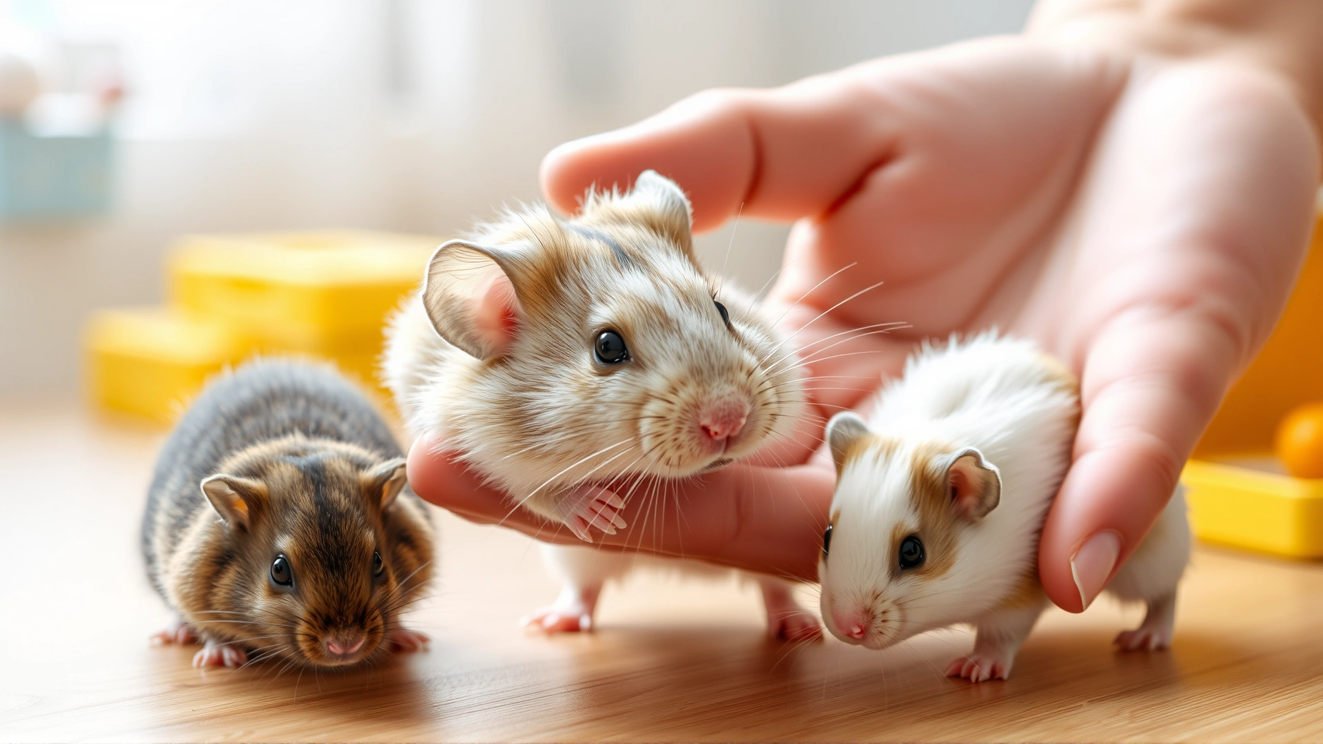 Human hand gently holding and petting a calm gerbil while another hamster explores nearby on a tabletop, bright and friendly atmosphere
