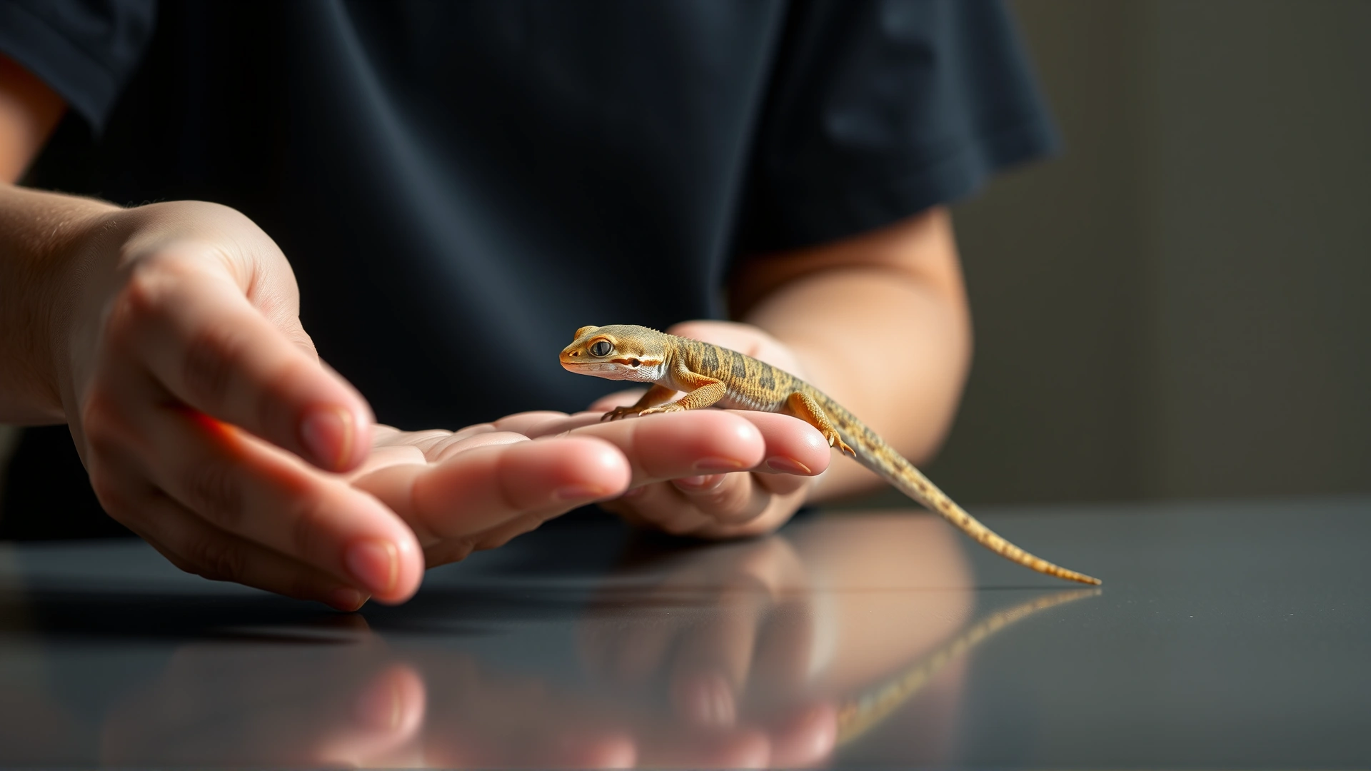 Image of a young person gently letting a baby gecko crawl from one hand to another over a table surface, illustrating proper handling technique.