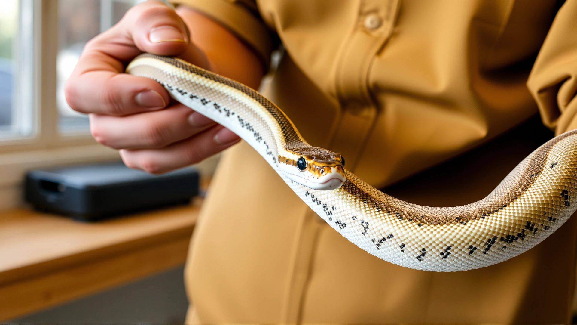 Calm indoor scene where a reptile keeper gently holds a milk snake with both hands, supporting its body