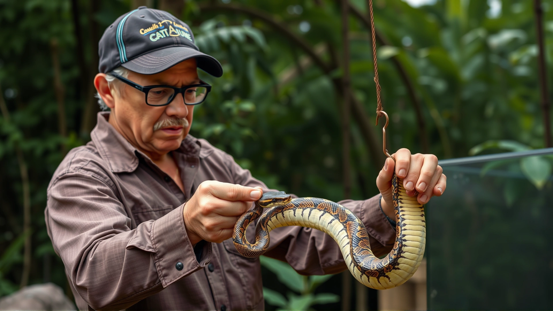 Snake owner calmly guiding a ball python back into its enclosure with a hook, maintaining safe distance.