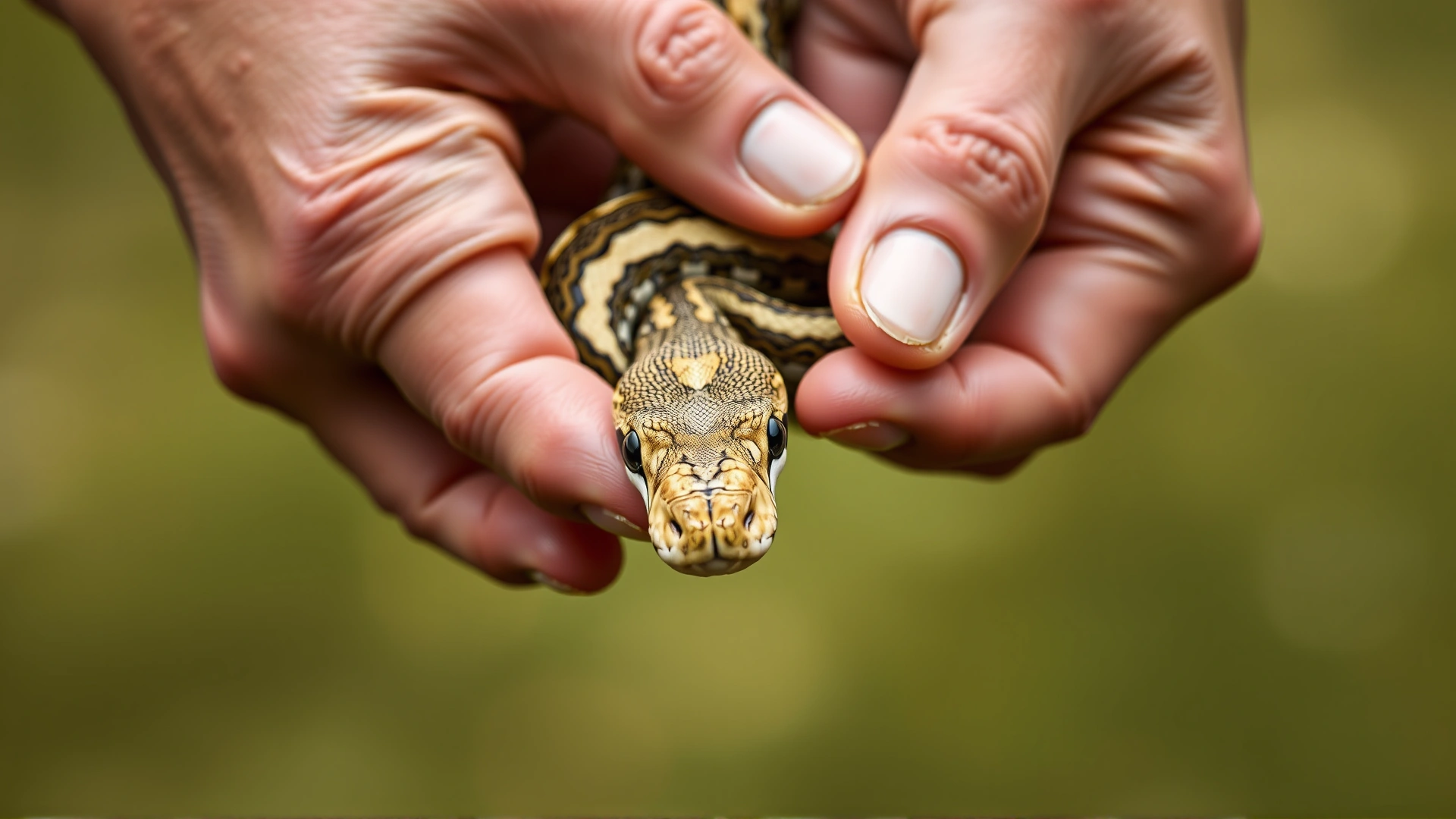 Close-up of two hands gently supporting a calm milk snake, demonstrating proper handling technique against a soft blurred background.