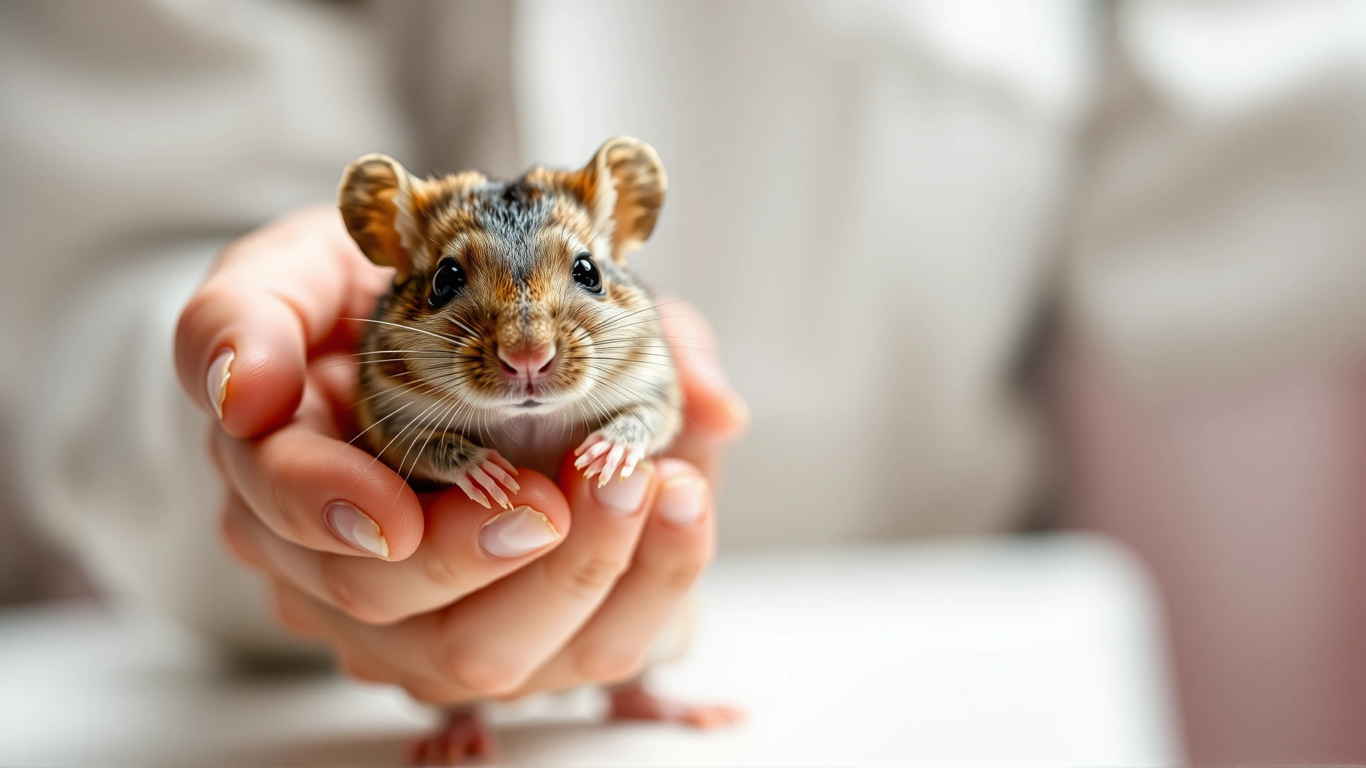 Human hands gently cupping a gerbil, demonstrating proper handling technique, blurred background for focus on the animal