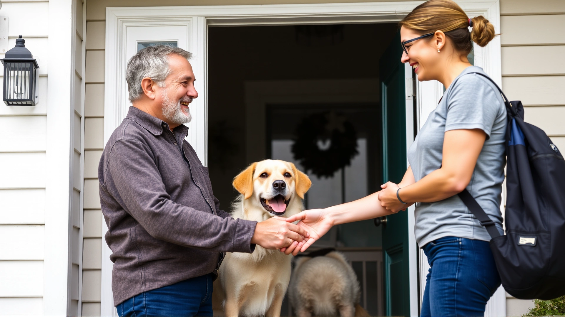 Pet owner shaking hands with a professional pet sitter at the doorway of a house, both smiling, no text
