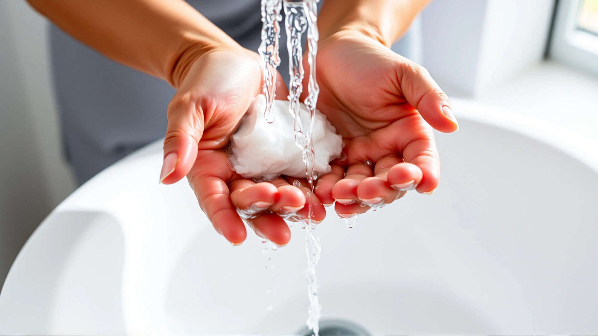 Hands being washed with soap under running water in a bright bathroom, showcasing proper hygiene.