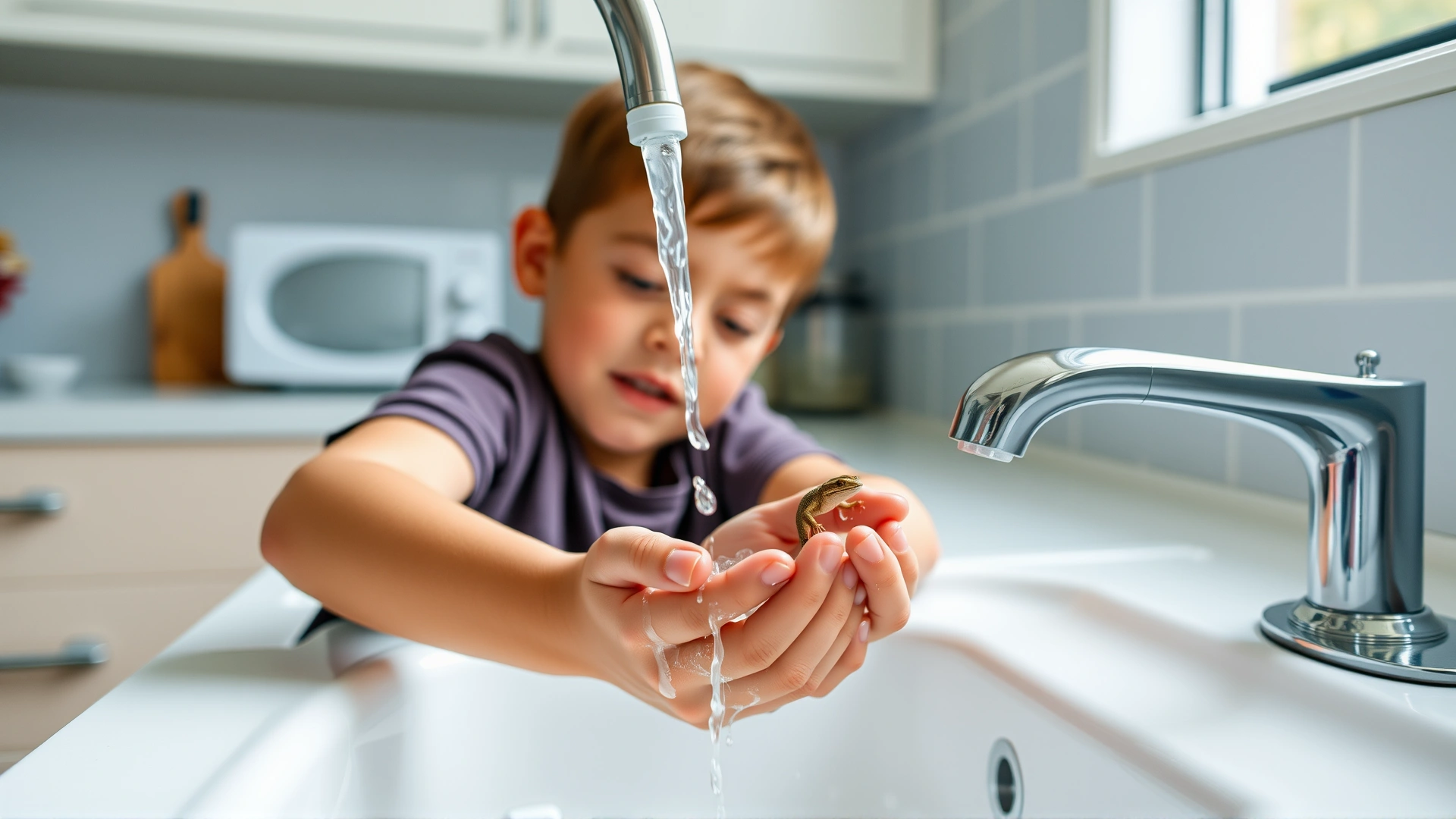 Child washing hands with soap at a sink after handling a small reptile, focus on hygiene, bright kitchen setting, no text