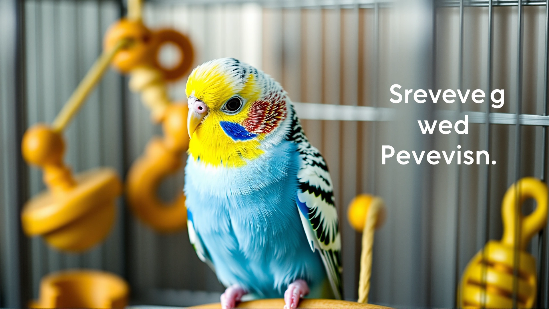 Vibrant budgie perched inside a clean stainless-steel cage filled with safe wooden toys, looking alert and healthy, symbolizing successful recovery and prevention.