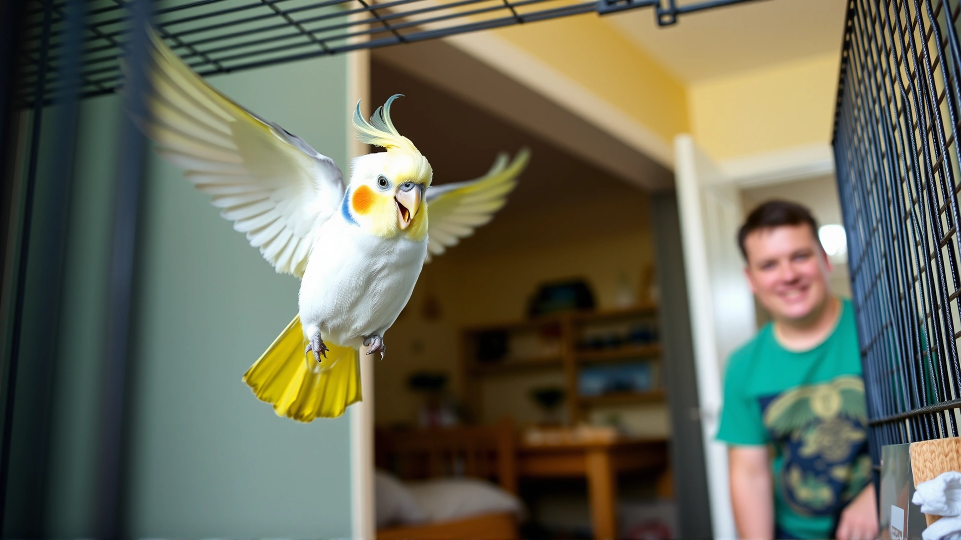 Cheerful cockatiel flying out of an open cage door toward an owner who is smiling in a bright room.