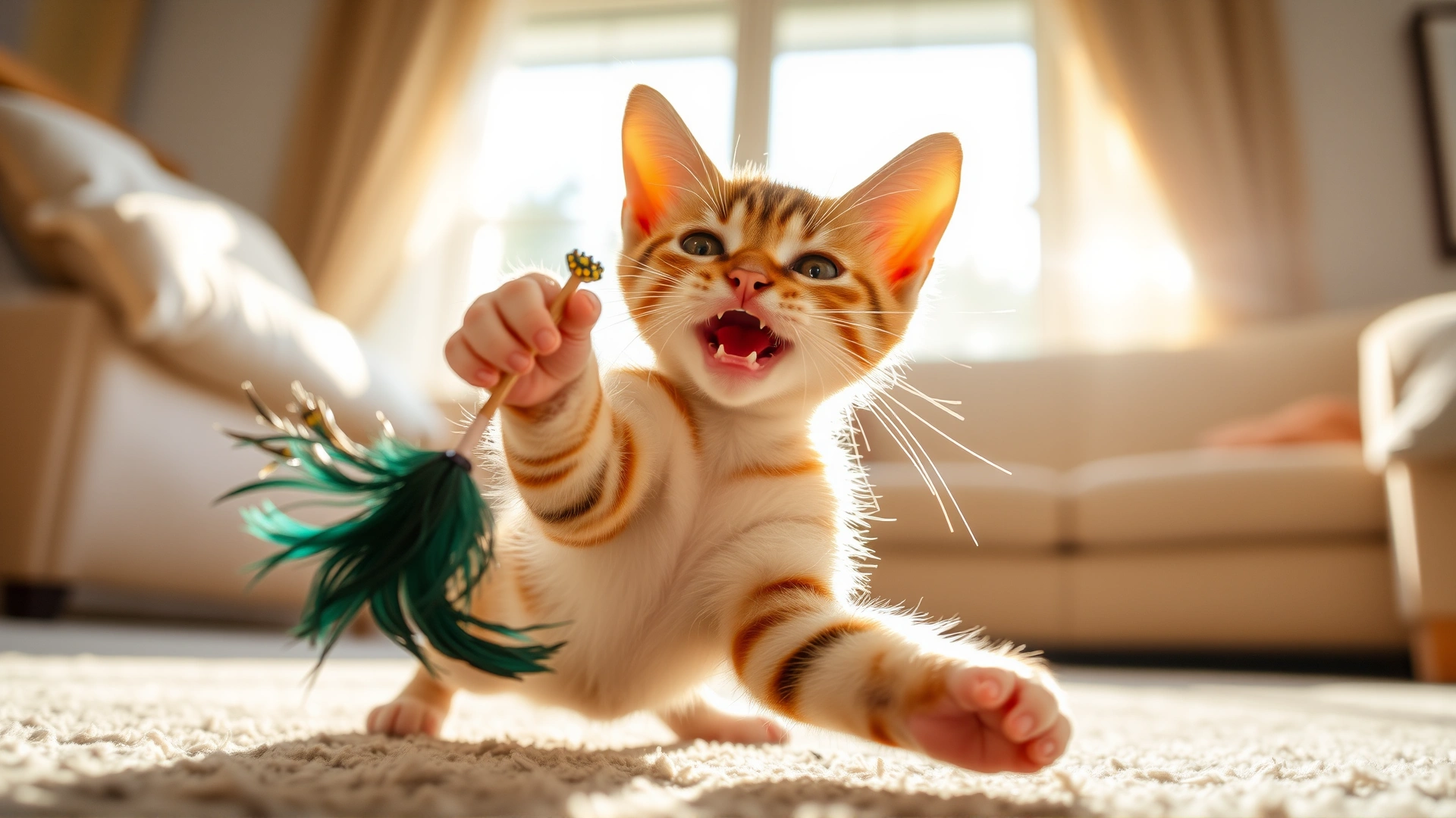 Young spayed female cat playing with a feather toy in the living room; energetic pose; sunlight streaming through window.
