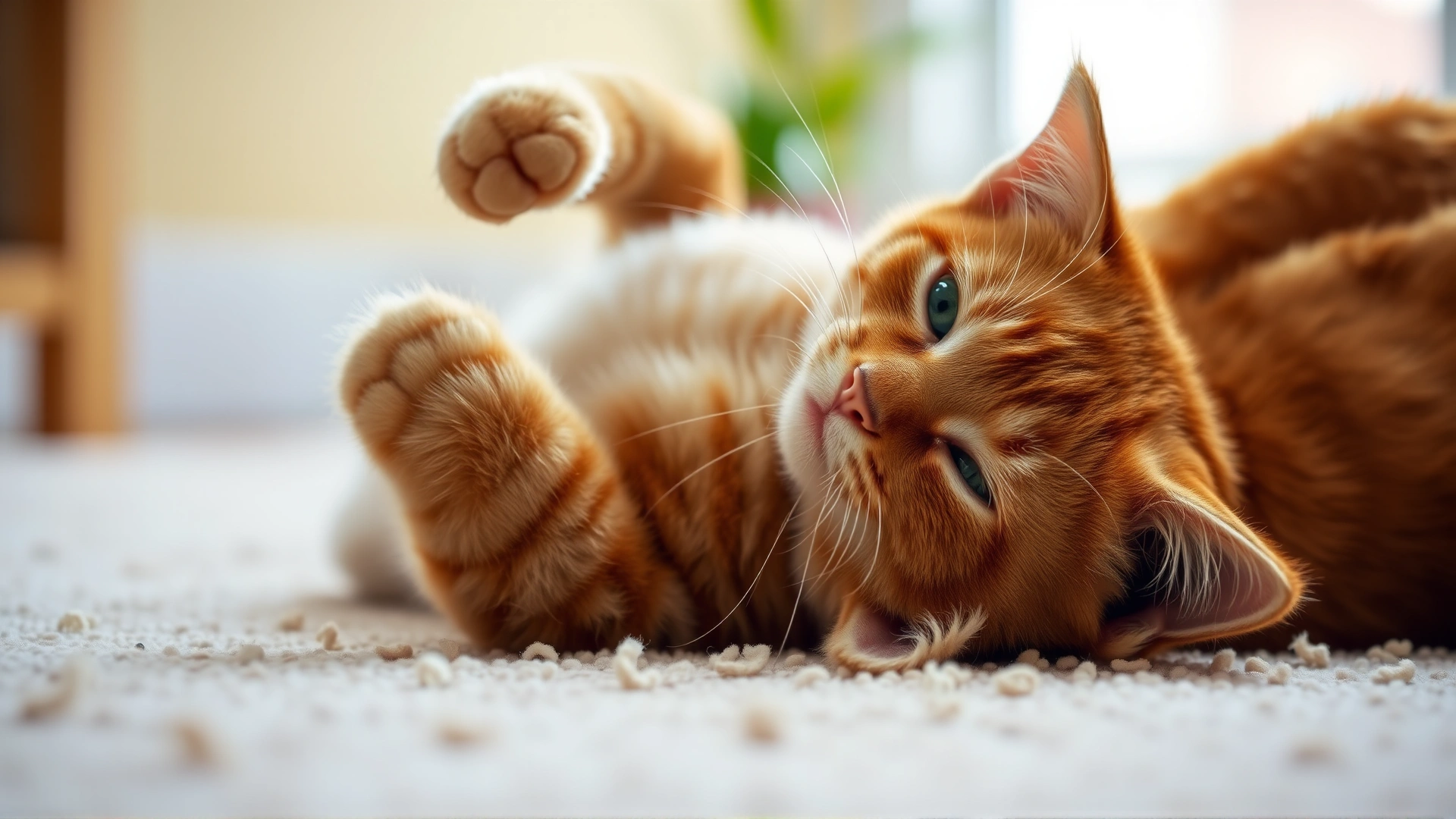 Playful ginger cat lying on its back with paws in the air, relaxed expression, bright natural lighting on a soft rug.