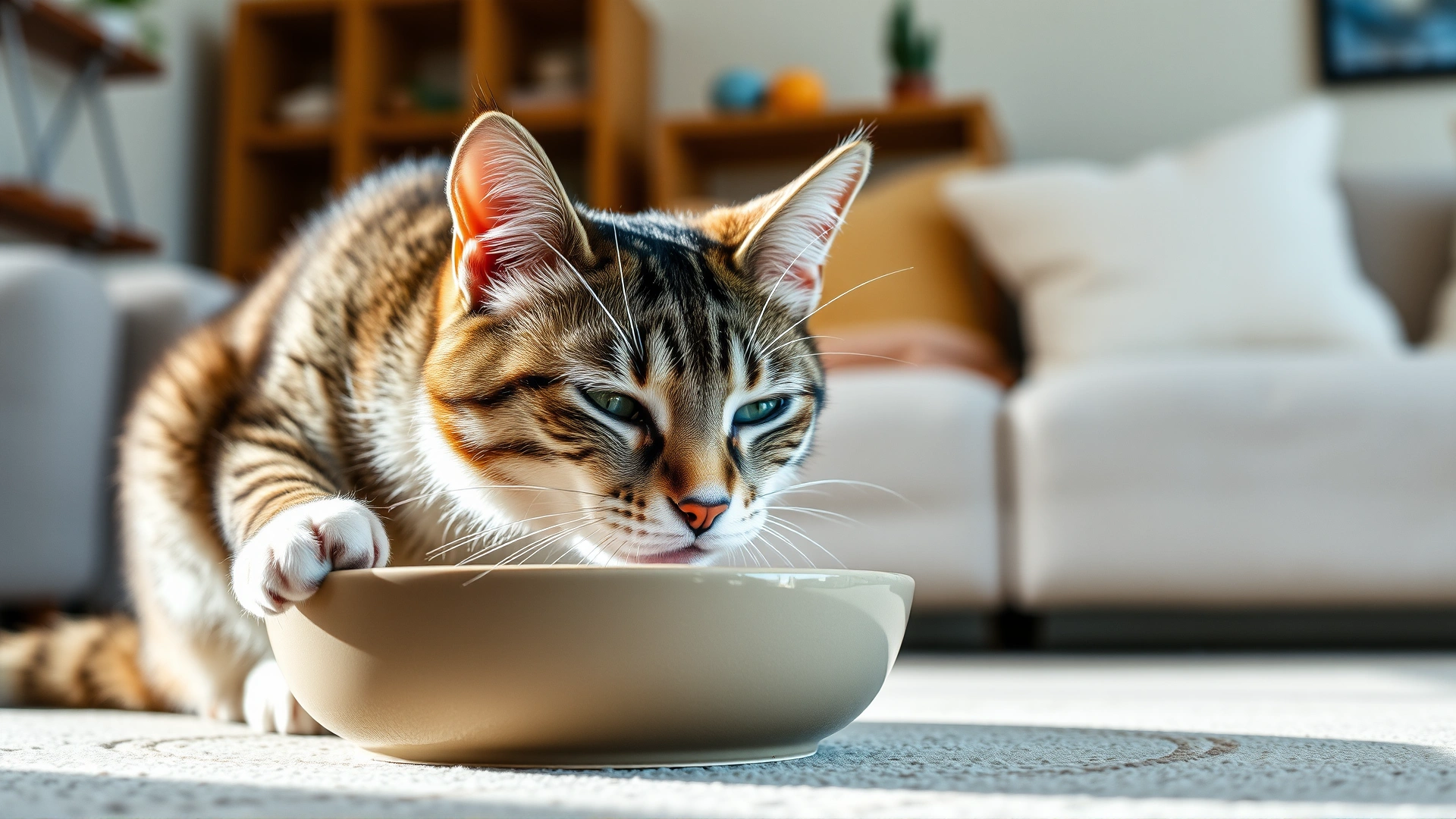 Healthy tabby cat happily eating from a ceramic bowl in a cozy living room, soft natural lighting.