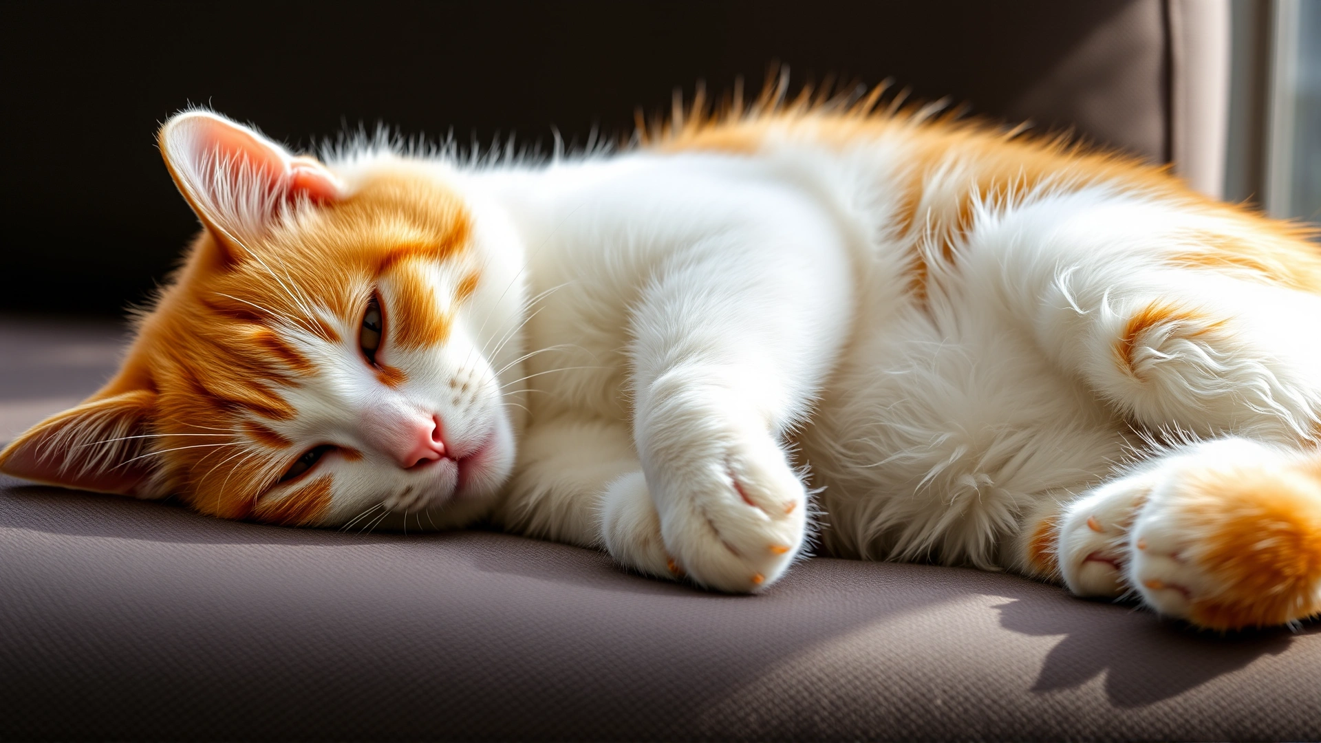 Content orange and white cat lounging on a couch after eating, looking healthy and relaxed, natural daylight