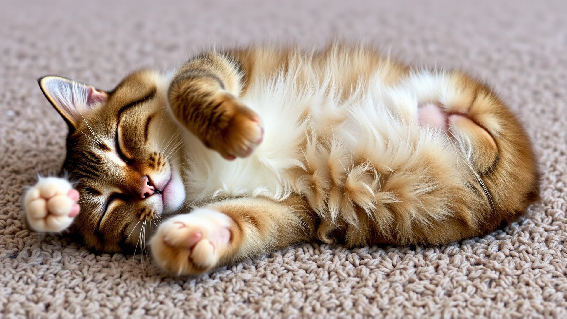 Relaxed domestic cat lying on its back on a carpet, eyes half-closed, appearing content after grooming.