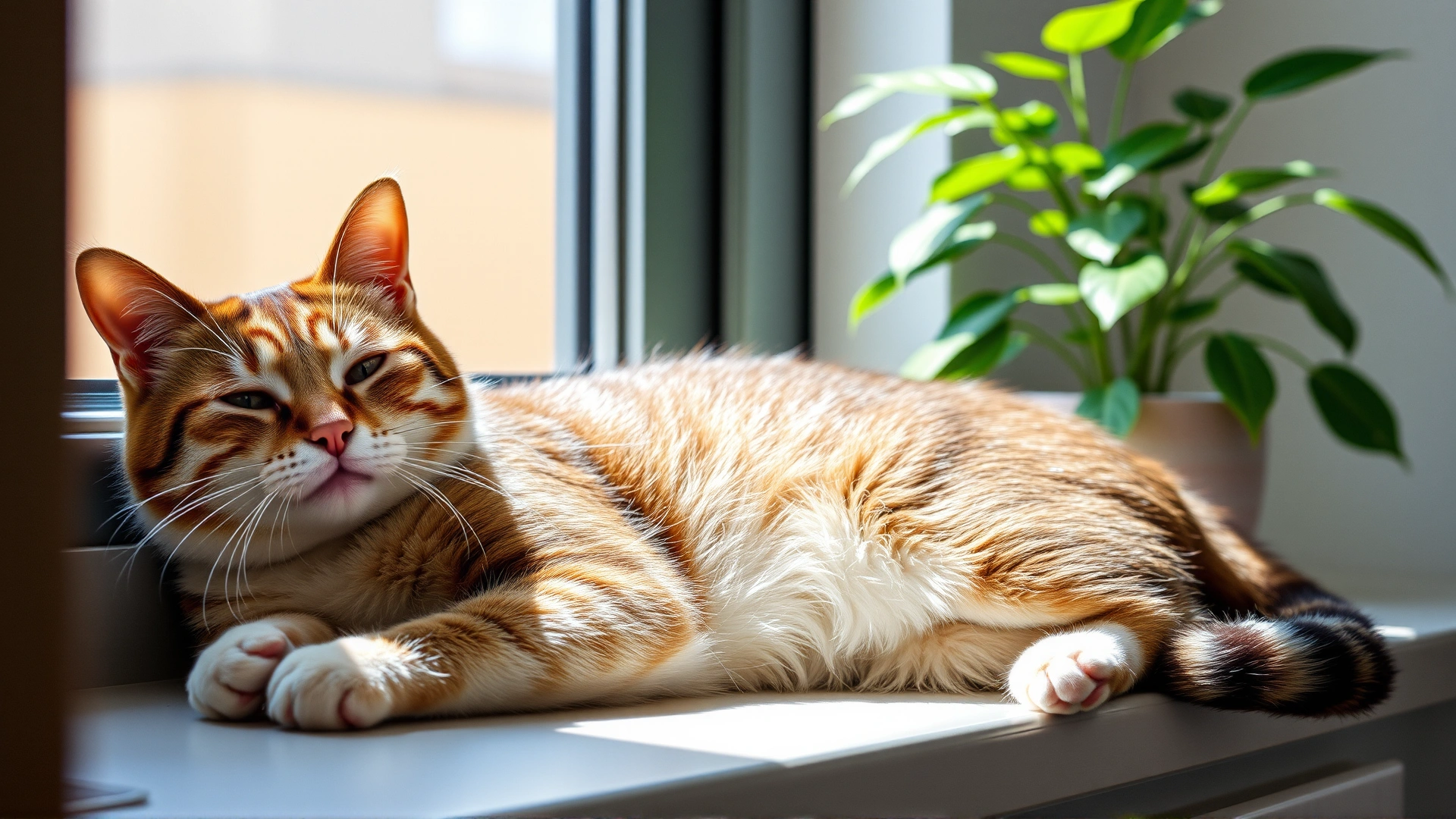 Healthy, shiny-coated cat lounging comfortably on a windowsill with soft sunlight, peaceful expression, indoor plant in background, high resolution