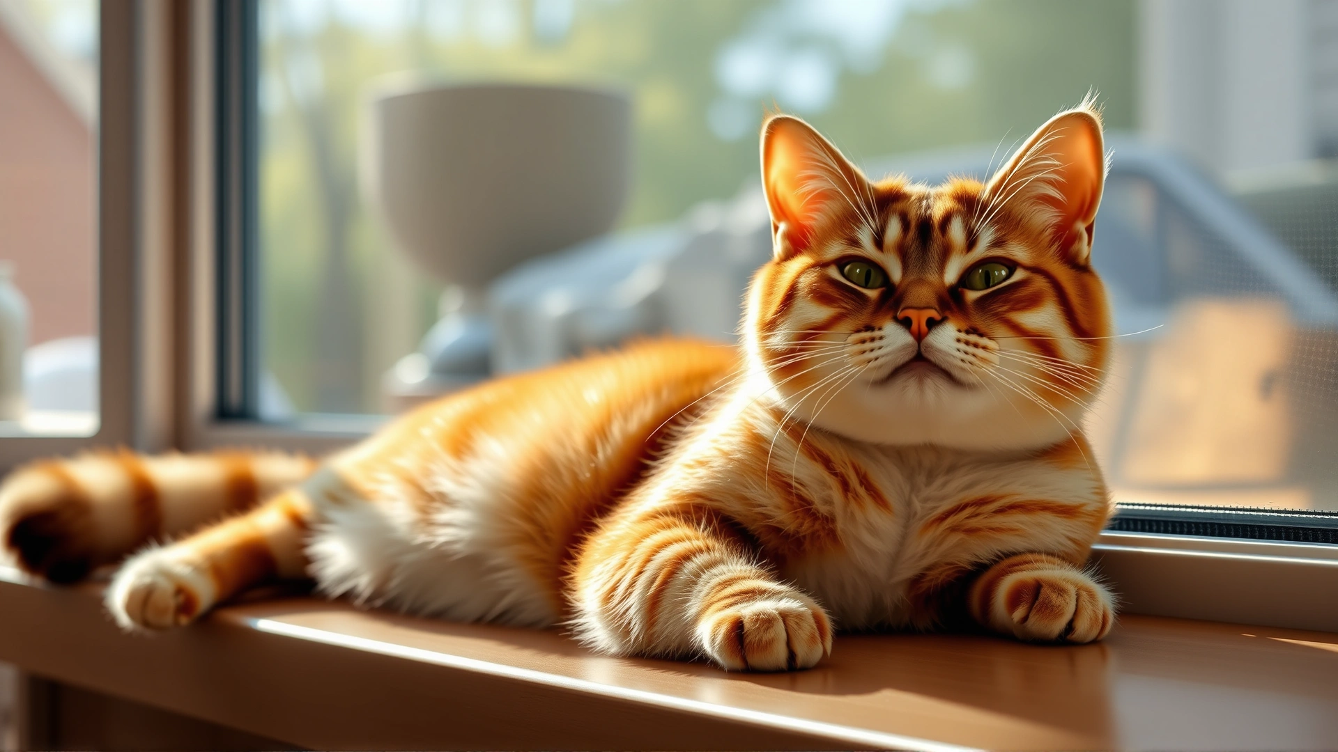 Sunny living room shot of a healthy-looking cat stretching contentedly near a window, symbolizing recovery and well-being.