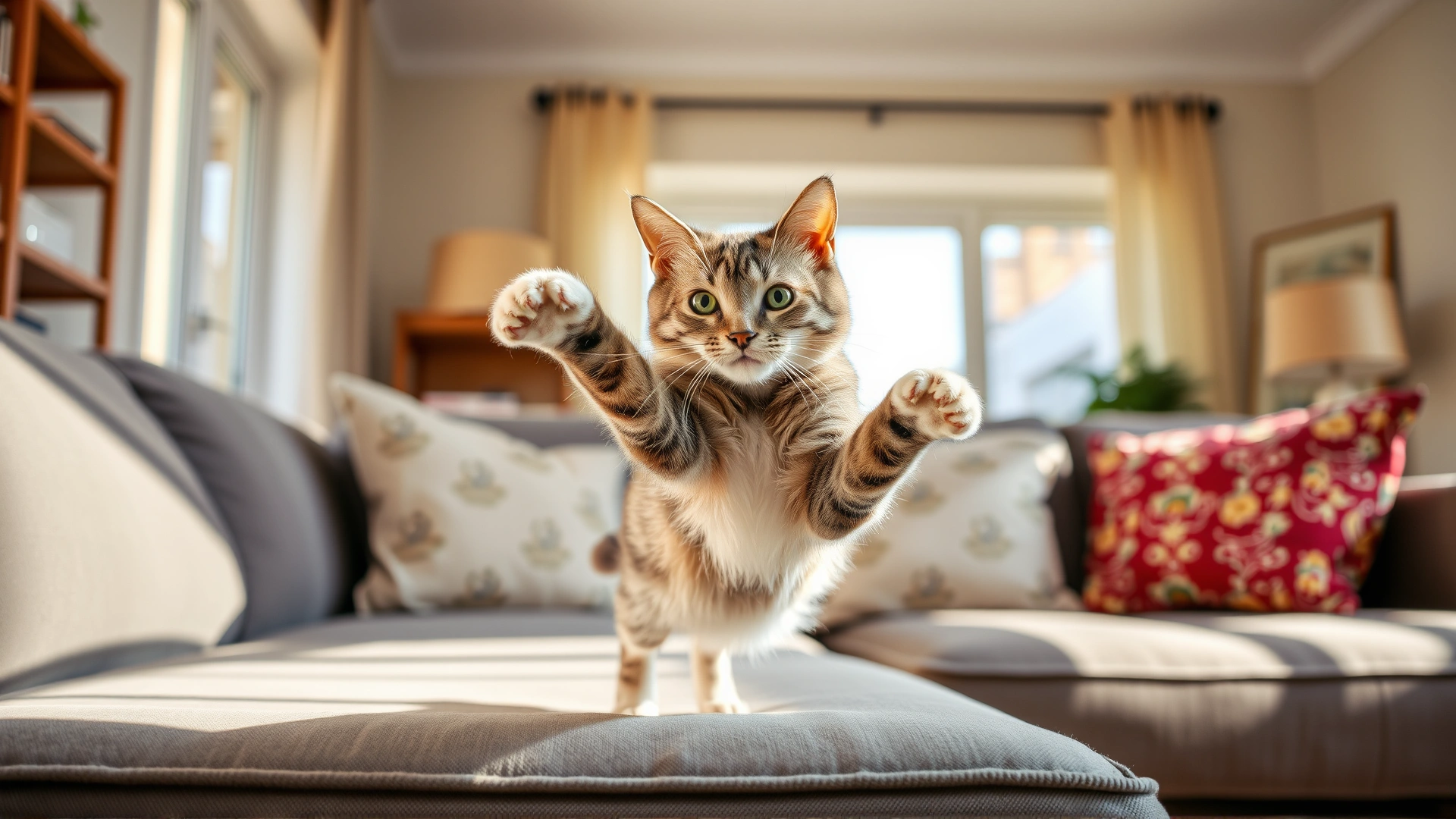 Healthy, playful cat mid-jump on a couch in a sunny living room, all four paws visible to convey full recovery