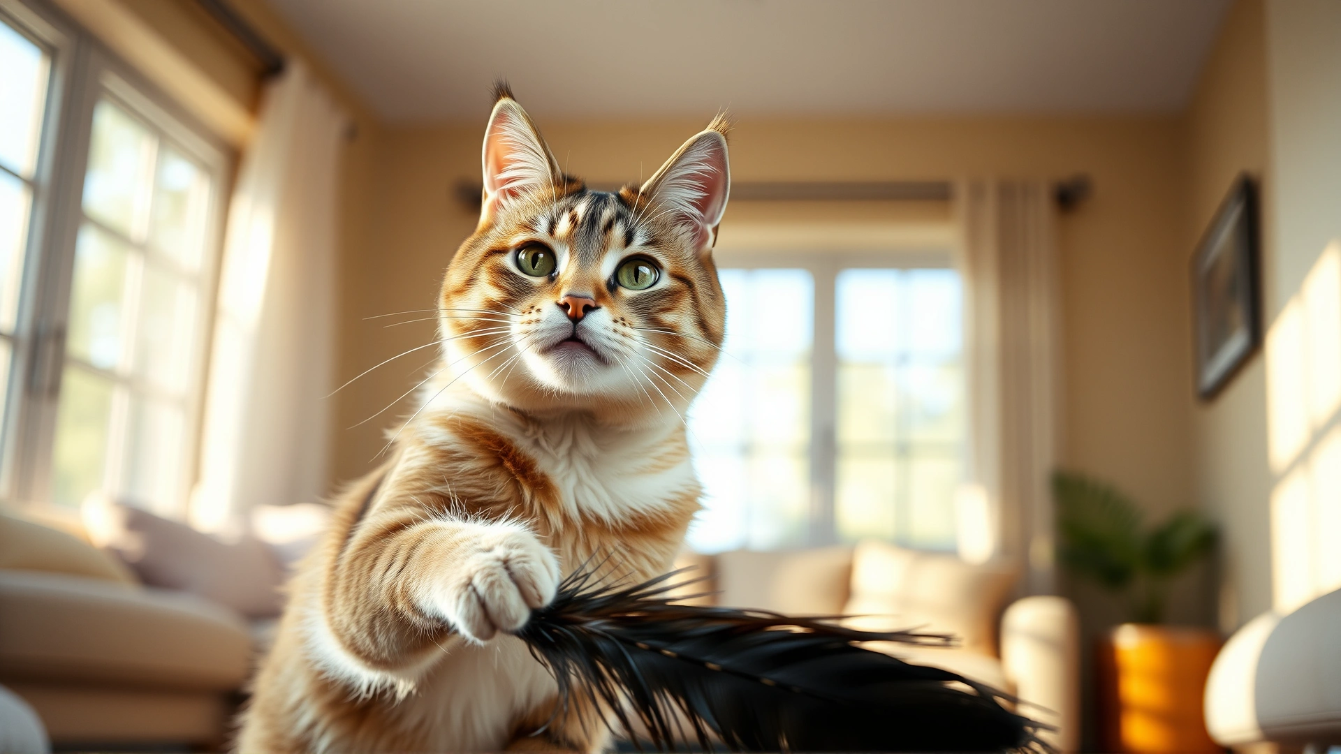 Healthy-looking cat playing with a feather toy in a sunlit living room, symbolizing recovery