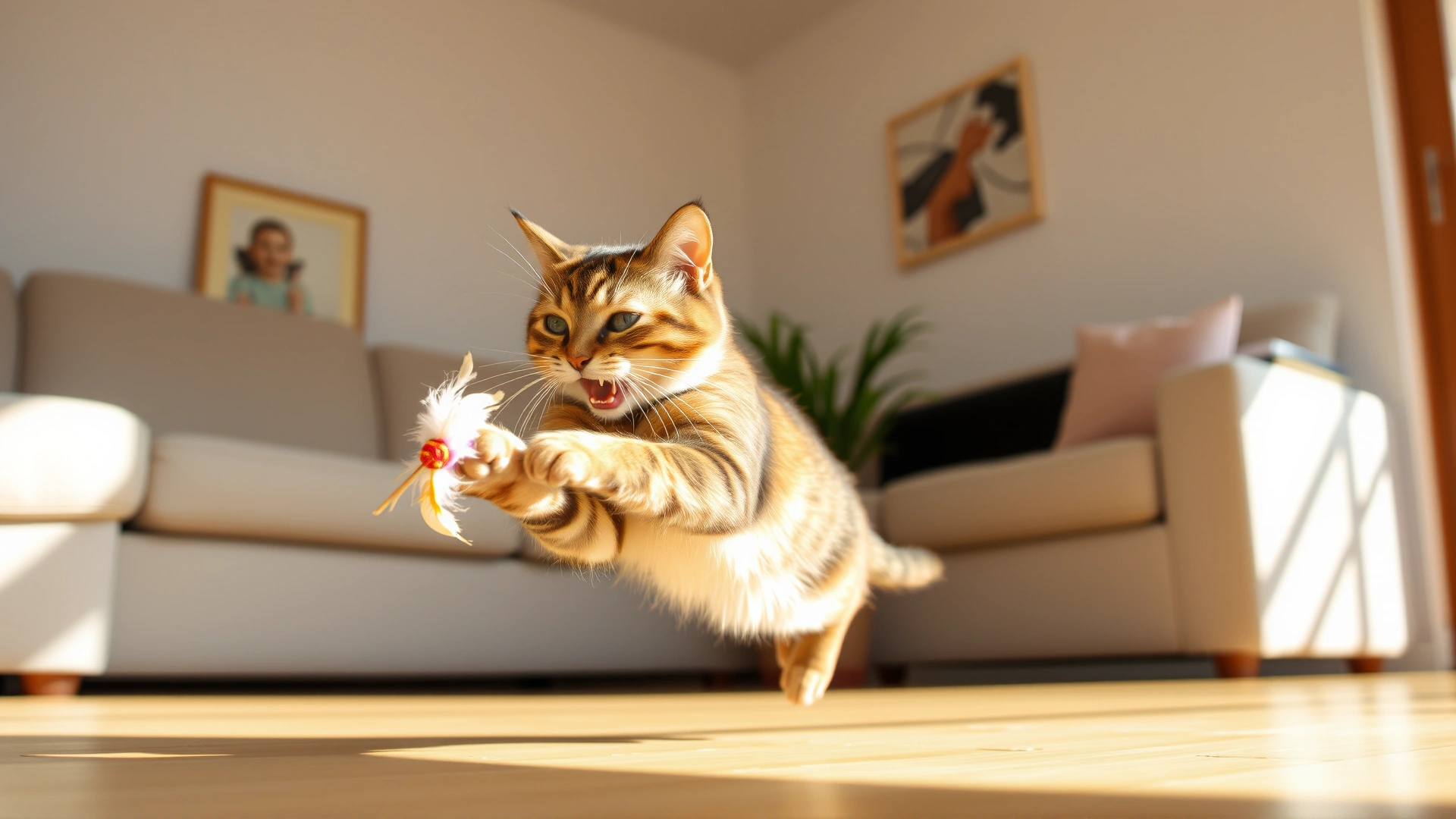 Healthy, energetic cat playing with a feather toy in a sunlit living room, motion captured mid-jump