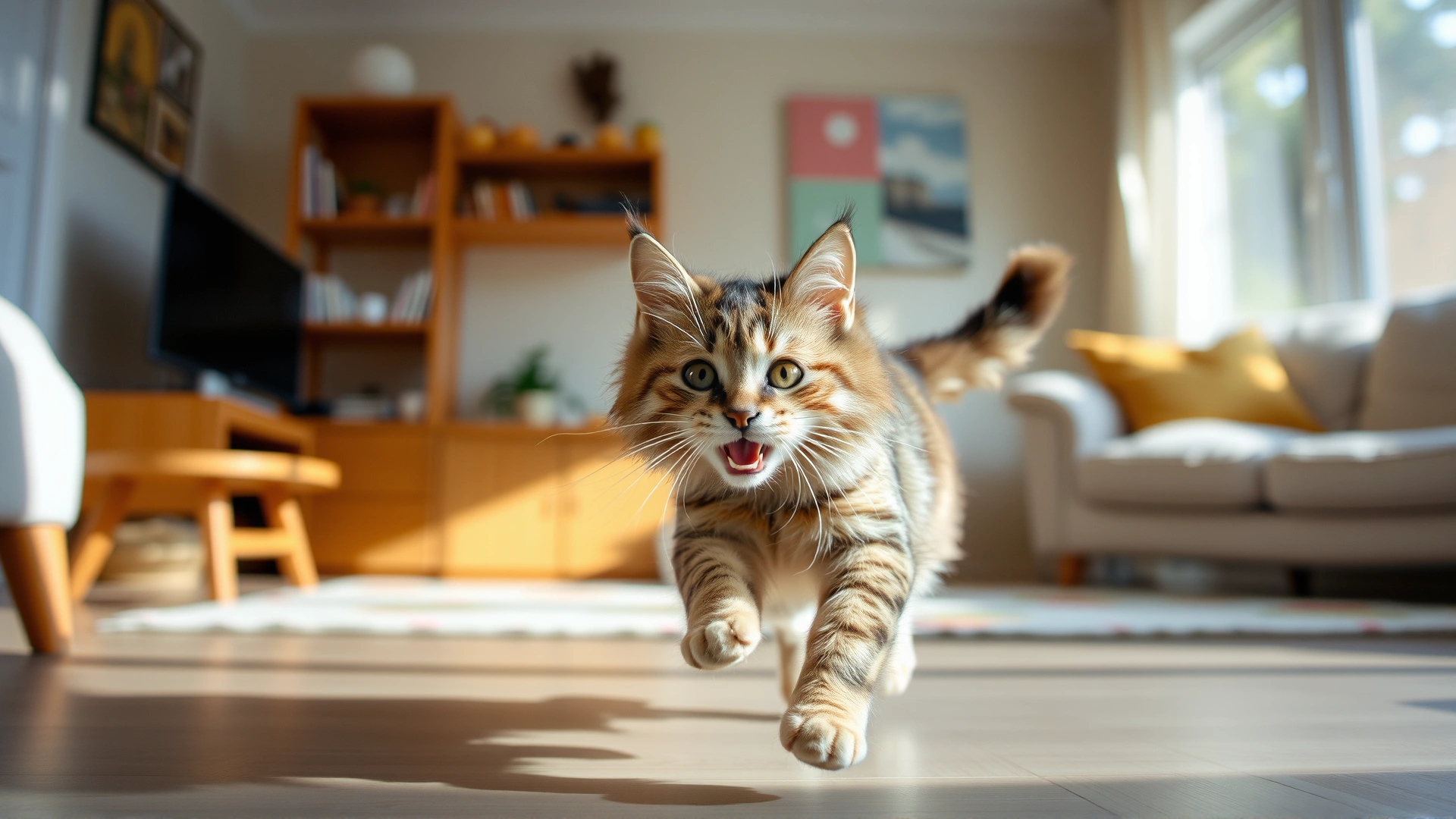 Healthy playful cat running in a sunlit living room after recovery, motion blur effect, cheerful atmosphere