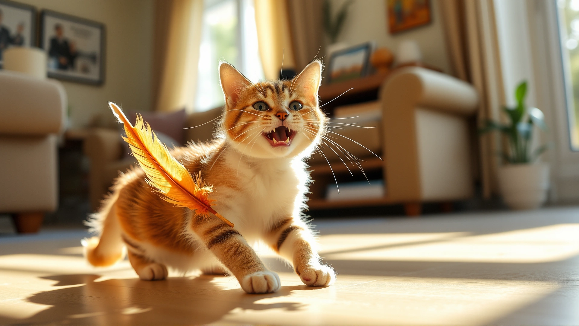 Bright photo of a healthy, energetic cat playing with a feather toy in a sunlit living room, conveying recovery and vitality.