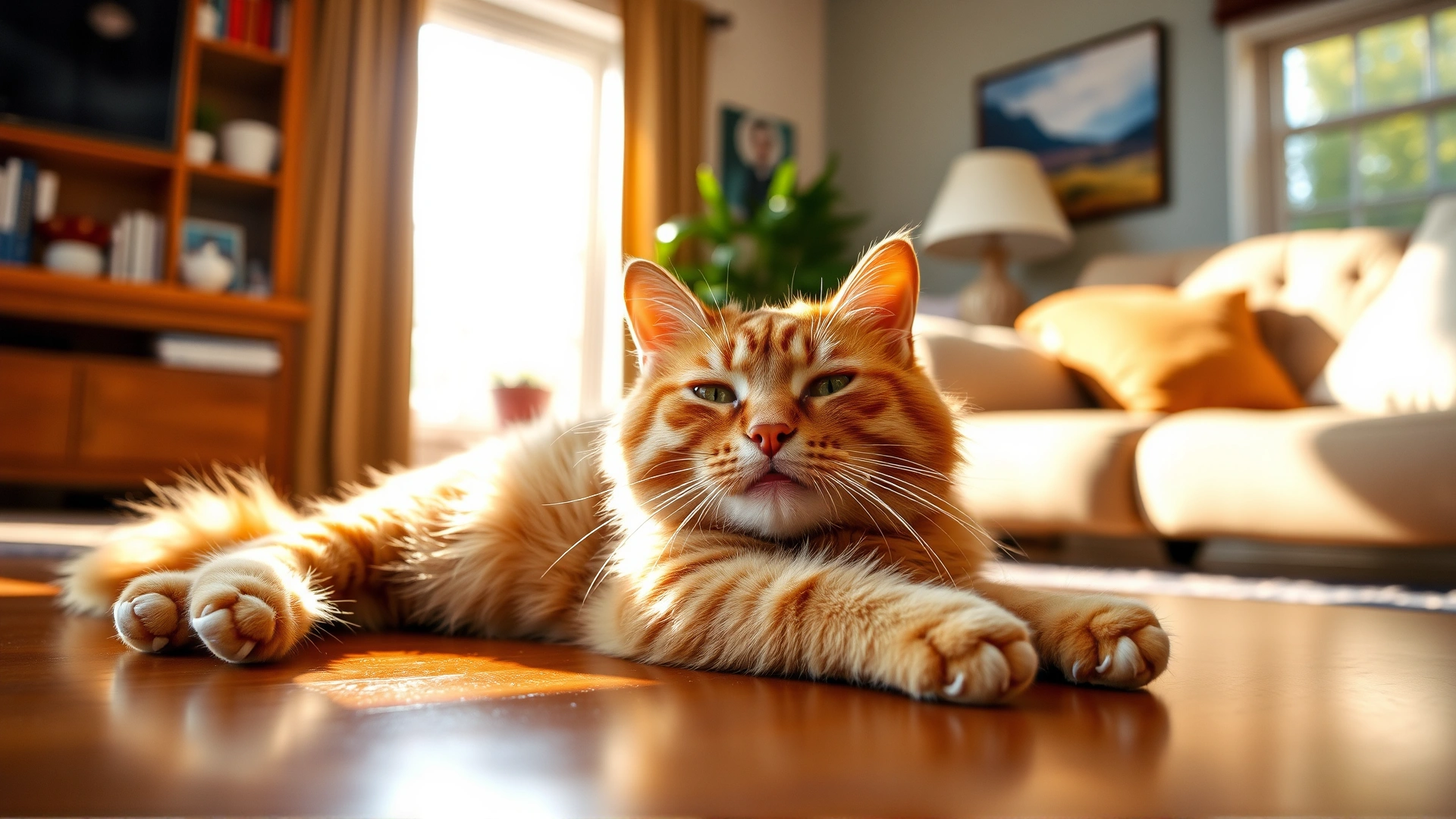 Healthy, playful ginger cat lounging comfortably in a sunlit living room, looking relaxed and content