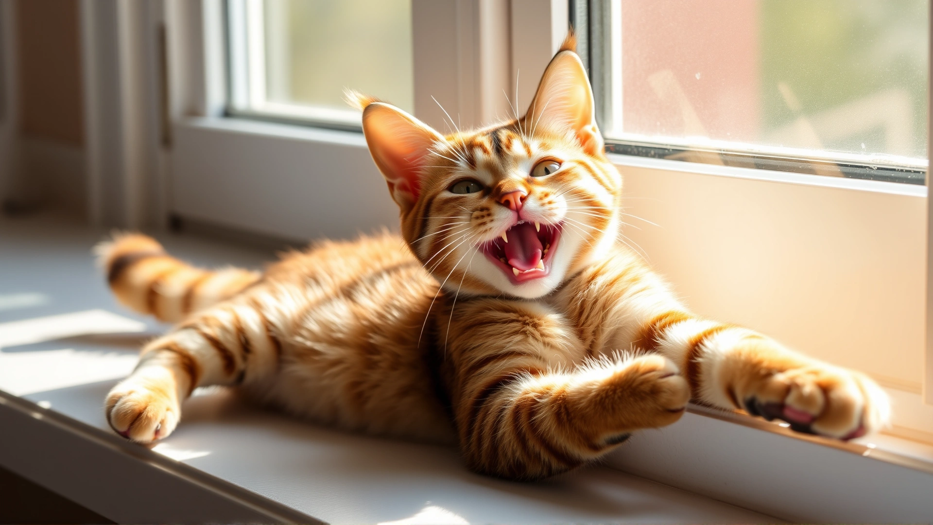 Healthy, playful cat stretching on a sunny windowsill, looking content and energetic