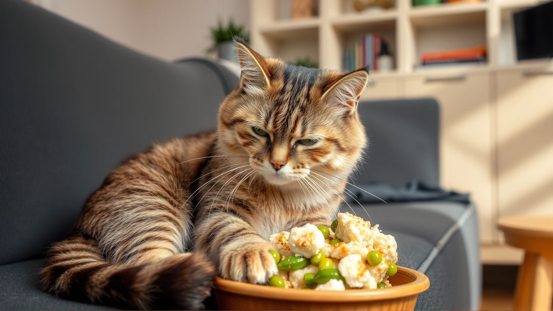 Content cat grooming itself on a sofa after finishing a meal, bright living room setting, cozy atmosphere