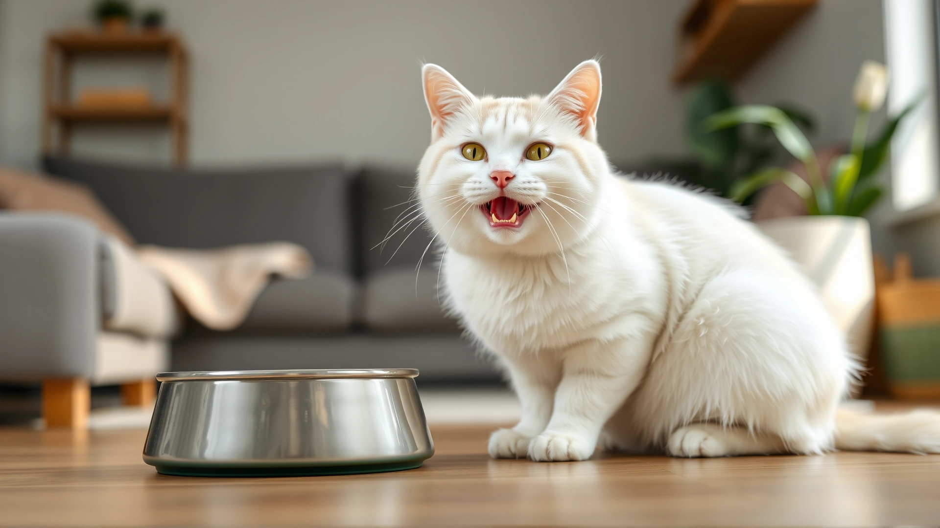 Healthy smiling white cat sitting next to a food bowl, bright living room background