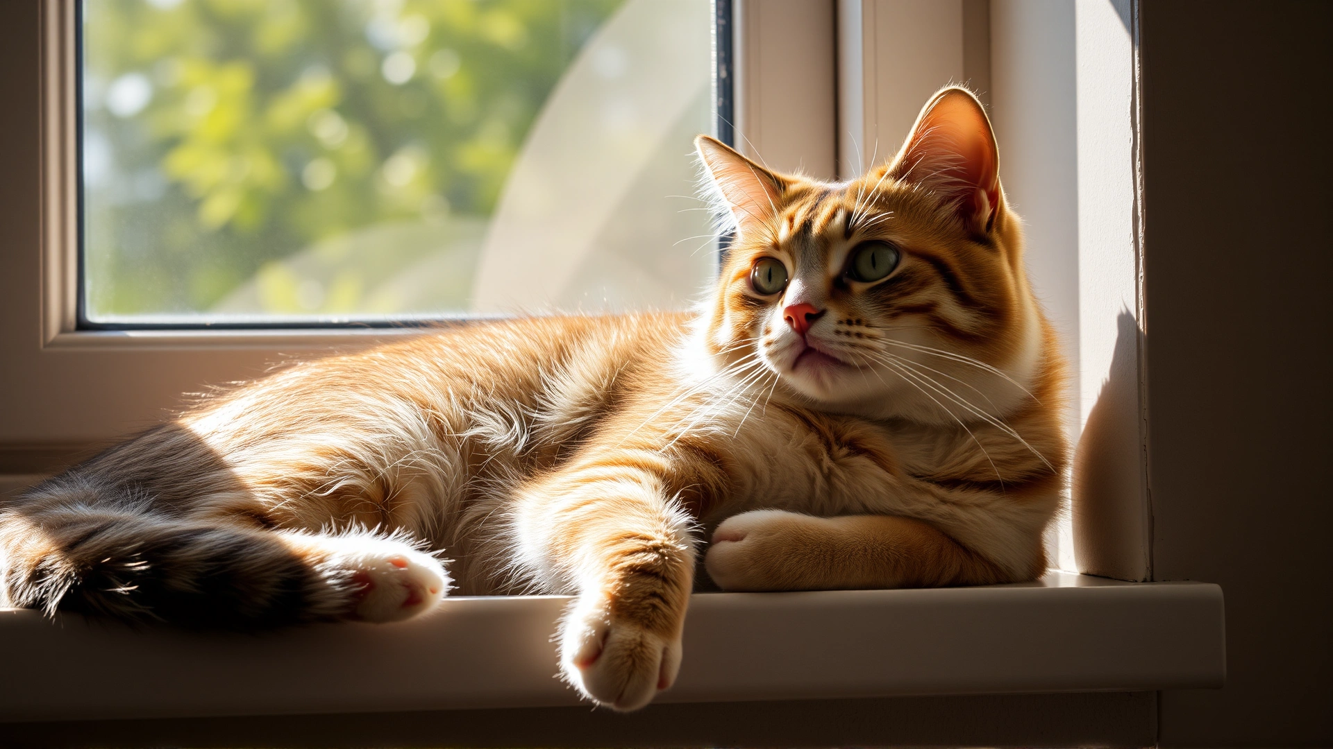 Healthy cat with shiny coat lounging comfortably on a sunny window sill, soft afternoon light